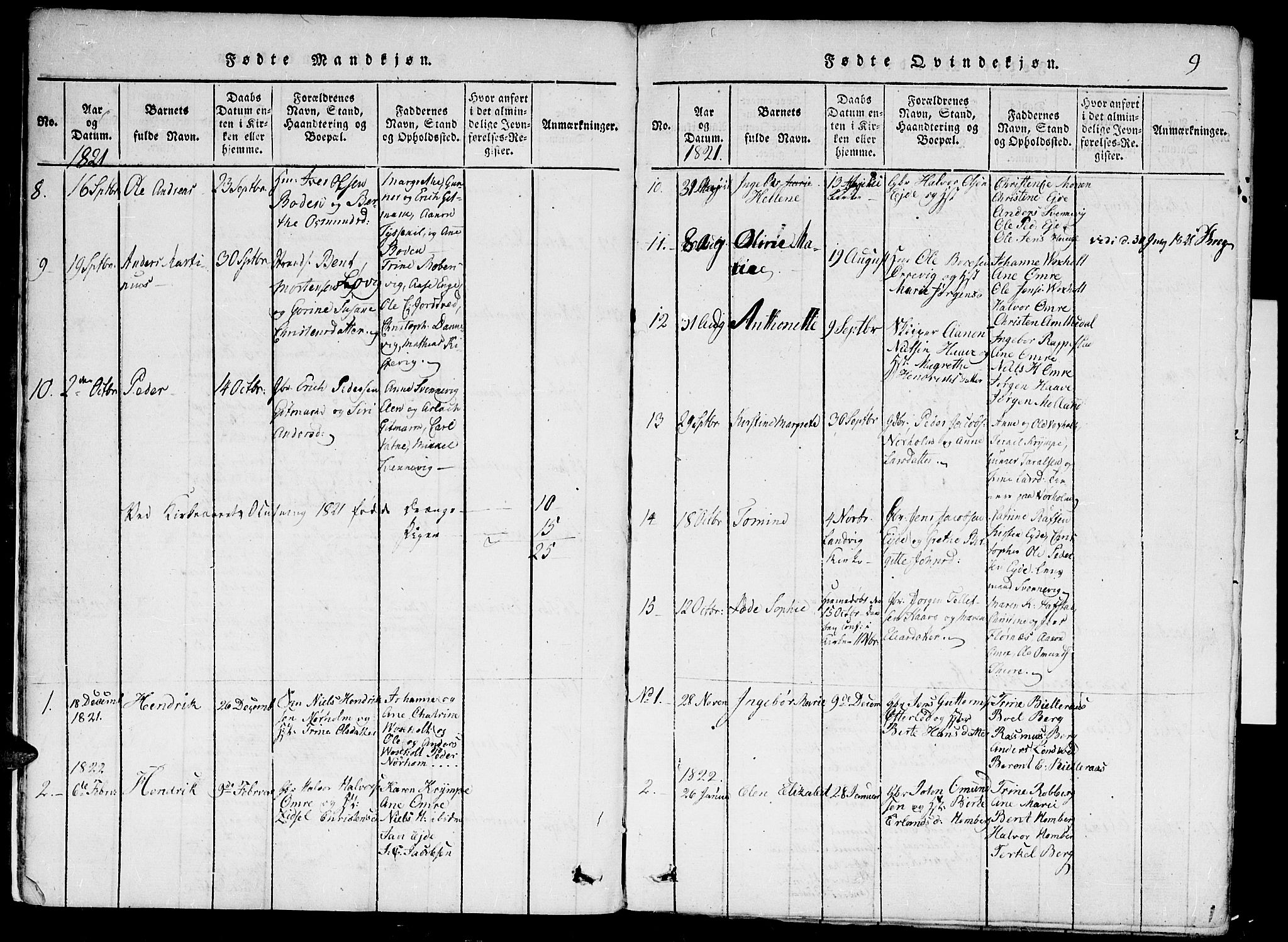 Hommedal sokneprestkontor, AV/SAK-1111-0023/F/Fa/Faa/L0001: Parish register (official) no. A 1, 1816-1860, p. 9