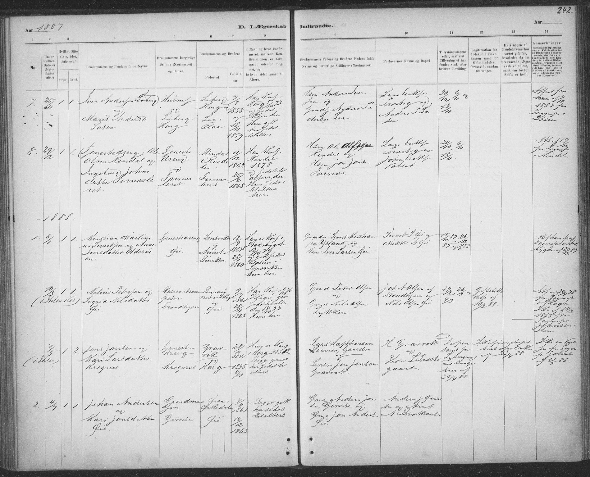 Ministerialprotokoller, klokkerbøker og fødselsregistre - Sør-Trøndelag, SAT/A-1456/691/L1085: Parish register (official) no. 691A17, 1887-1908, p. 242