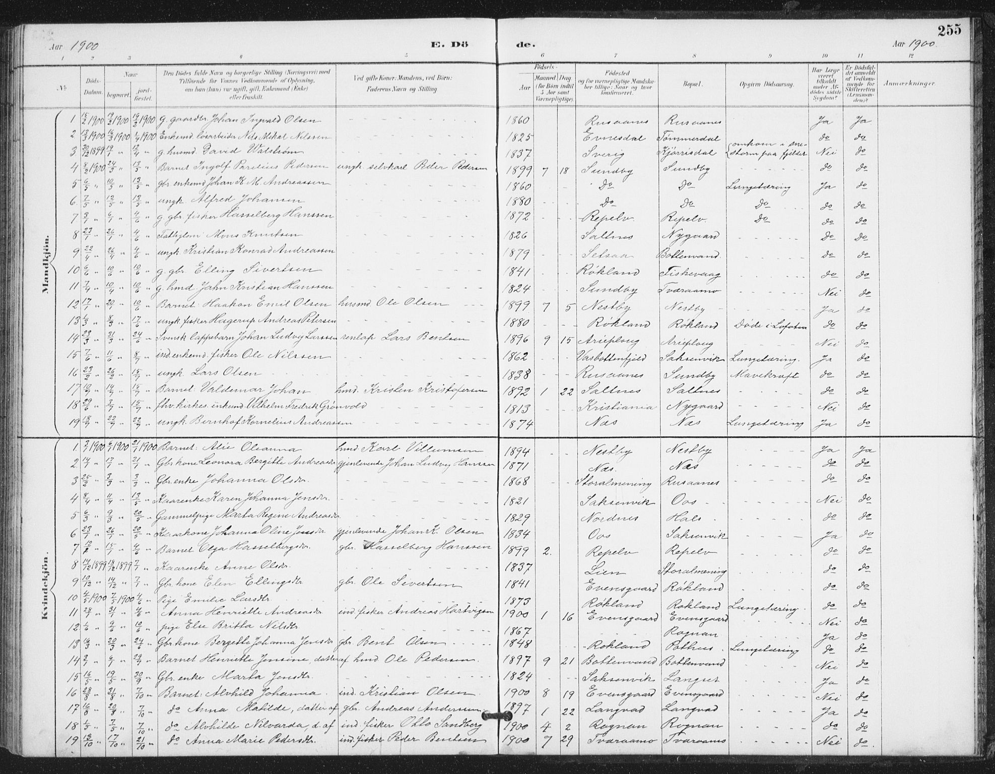 Ministerialprotokoller, klokkerbøker og fødselsregistre - Nordland, SAT/A-1459/847/L0682: Parish register (copy) no. 847C10, 1889-1907, p. 255
