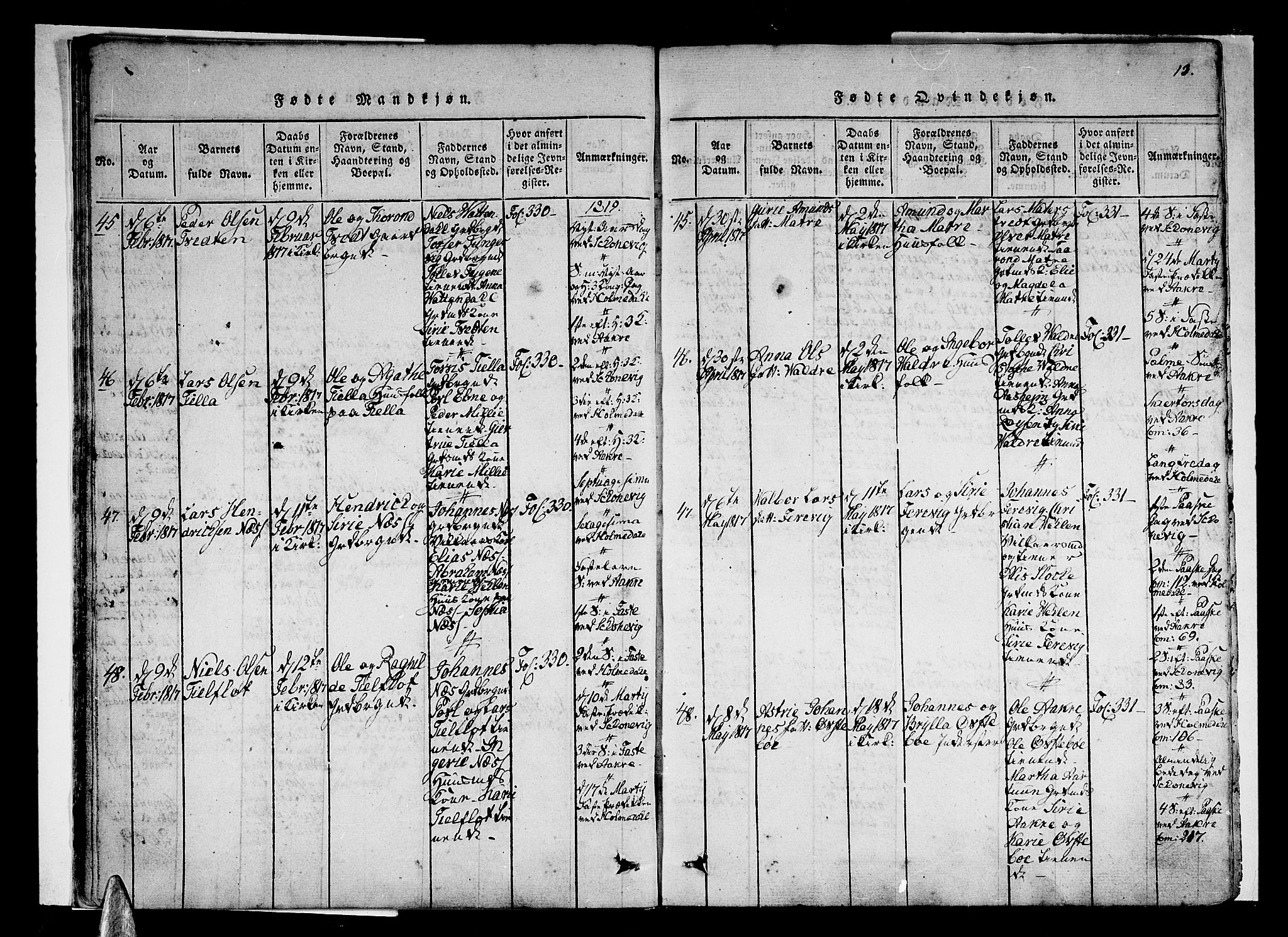 Skånevik sokneprestembete, AV/SAB-A-77801/H/Haa: Parish register (official) no. A 3, 1815-1828, p. 13