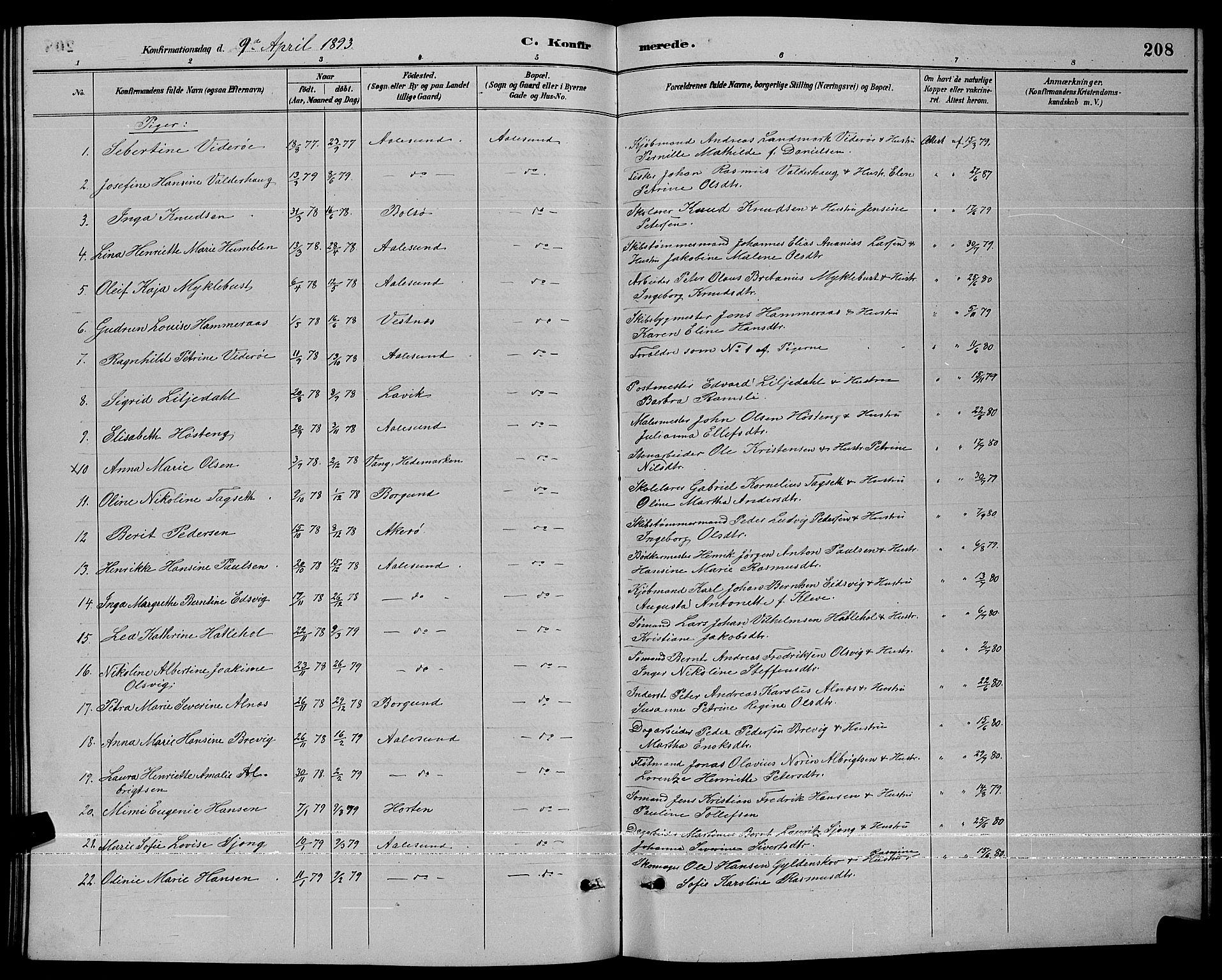 Ministerialprotokoller, klokkerbøker og fødselsregistre - Møre og Romsdal, AV/SAT-A-1454/529/L0467: Parish register (copy) no. 529C04, 1889-1897, p. 208