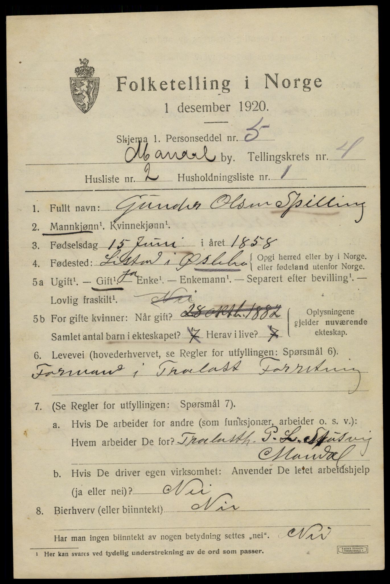 SAK, 1920 census for Mandal, 1920, p. 7033