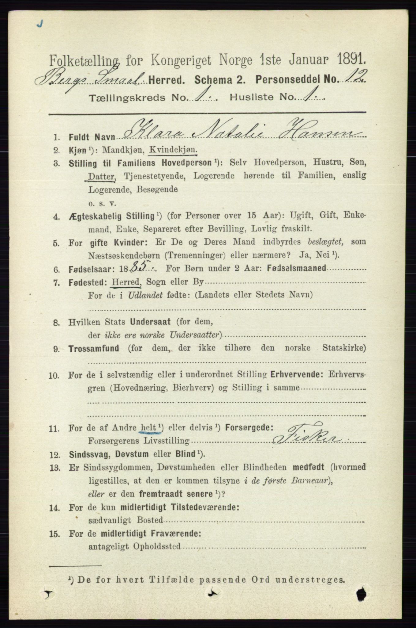 RA, 1891 census for 0116 Berg, 1891, p. 169