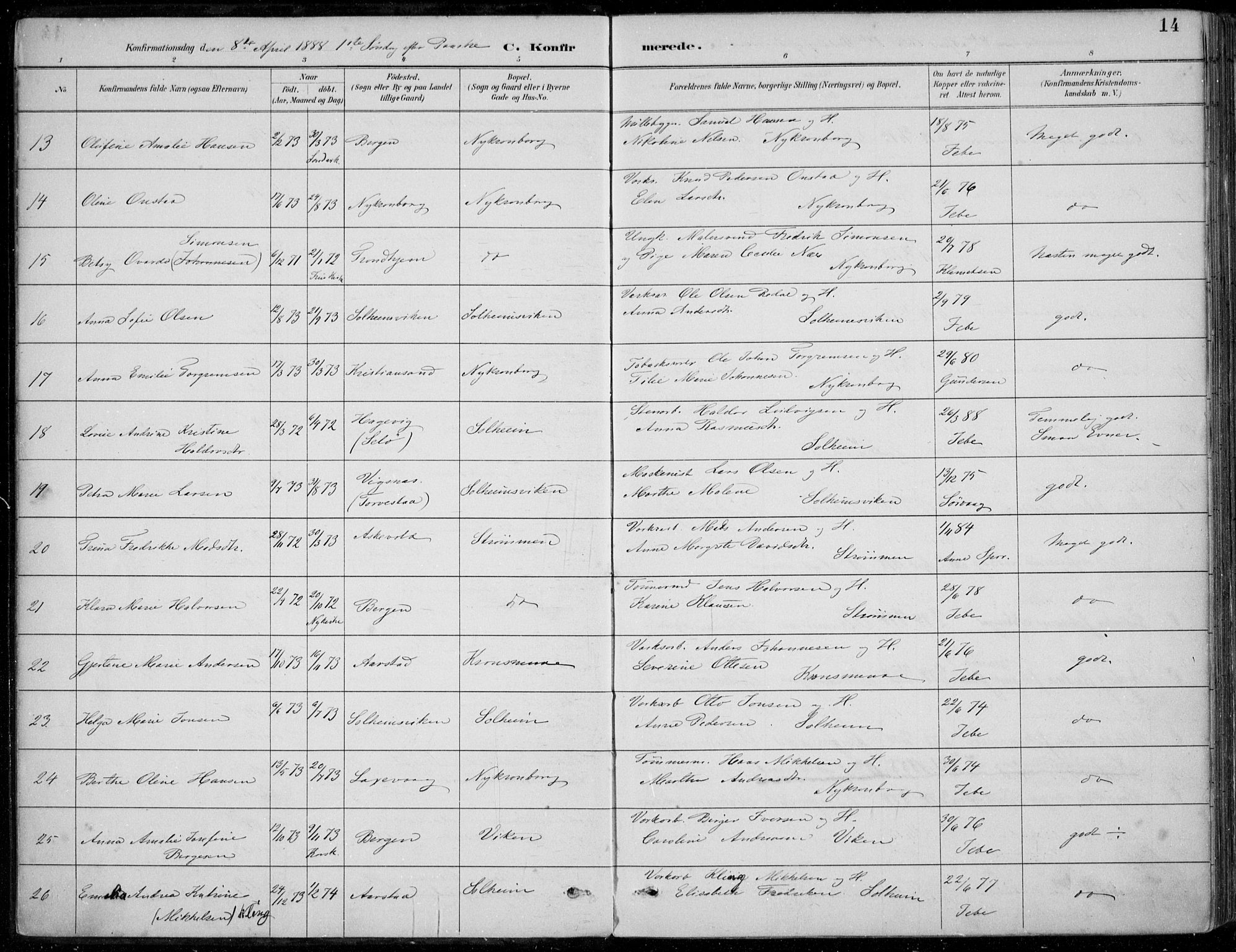 Årstad Sokneprestembete, AV/SAB-A-79301/H/Haa/L0006: Parish register (official) no. B 1, 1886-1901, p. 14