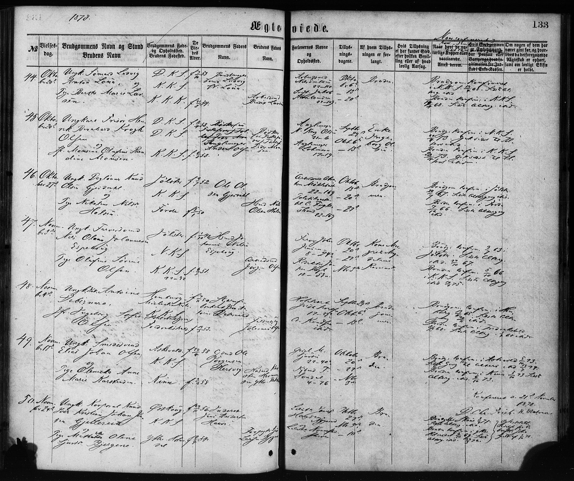 Korskirken sokneprestembete, AV/SAB-A-76101/H/Haa/L0036: Parish register (official) no. D 3, 1867-1882, p. 133