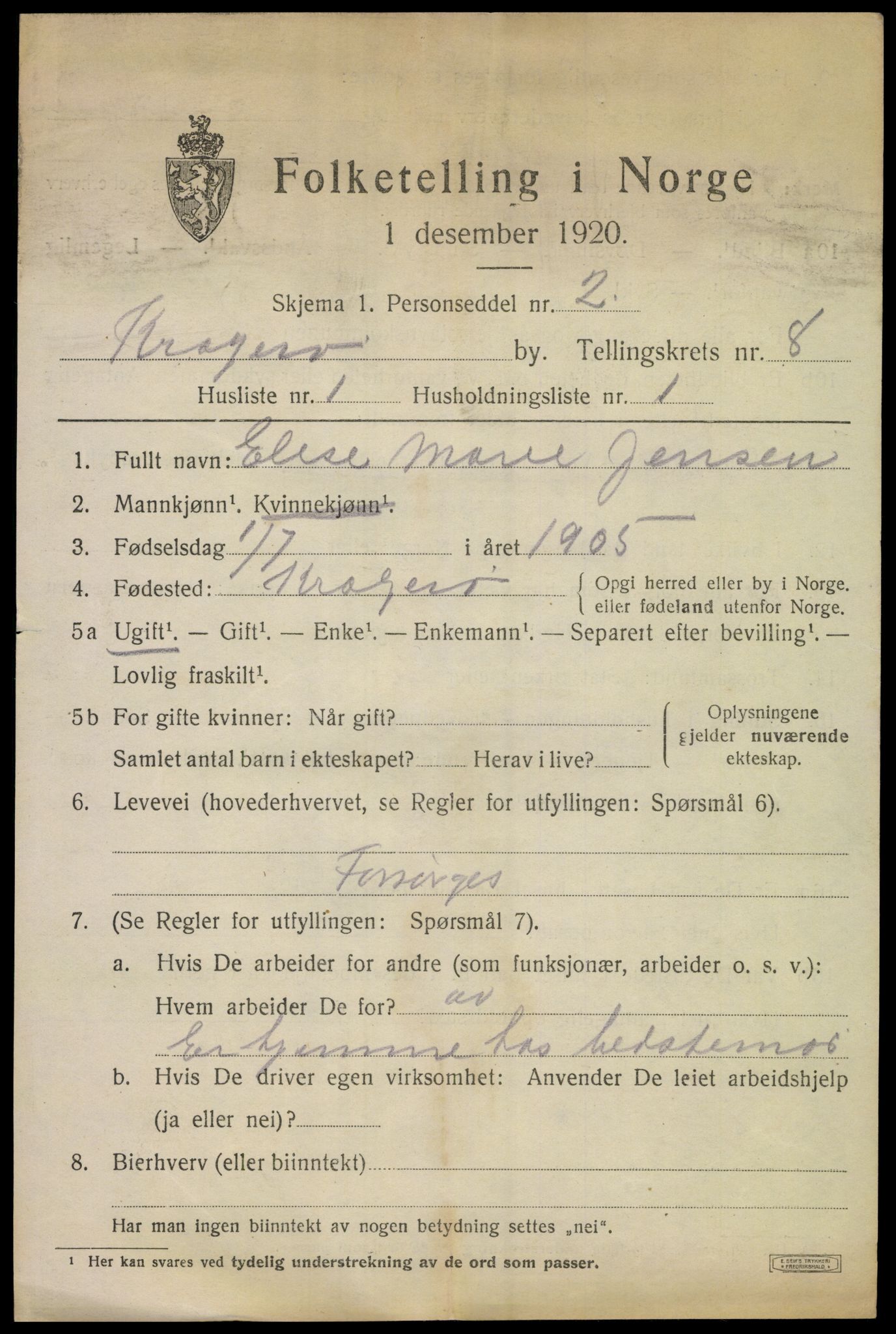 SAKO, 1920 census for Kragerø, 1920, p. 11105