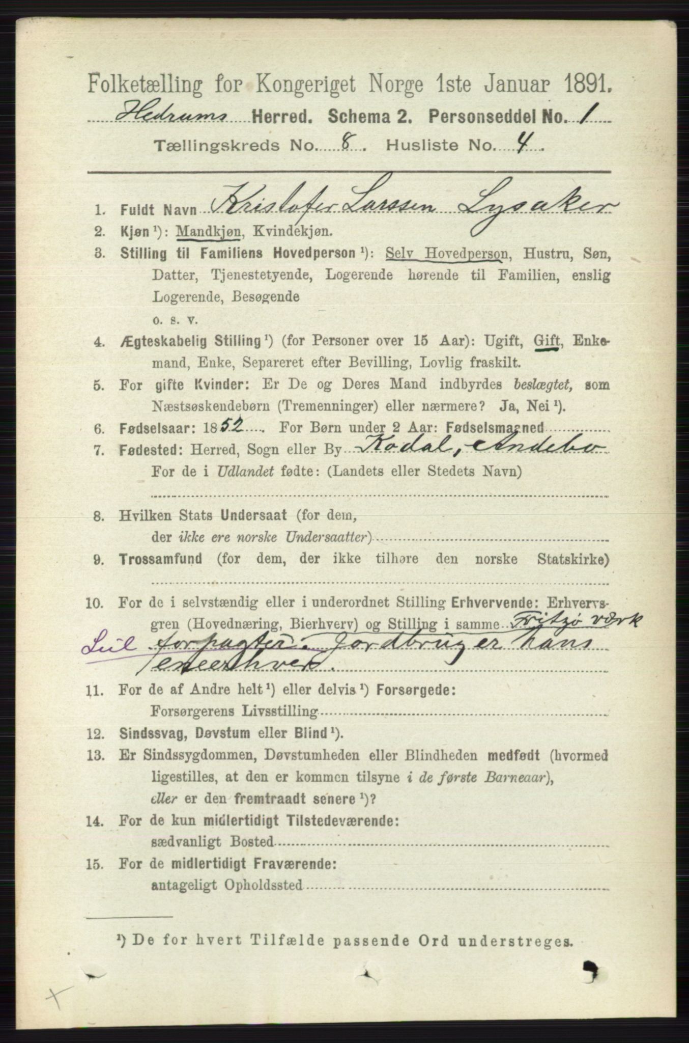 RA, 1891 census for 0727 Hedrum, 1891, p. 3489