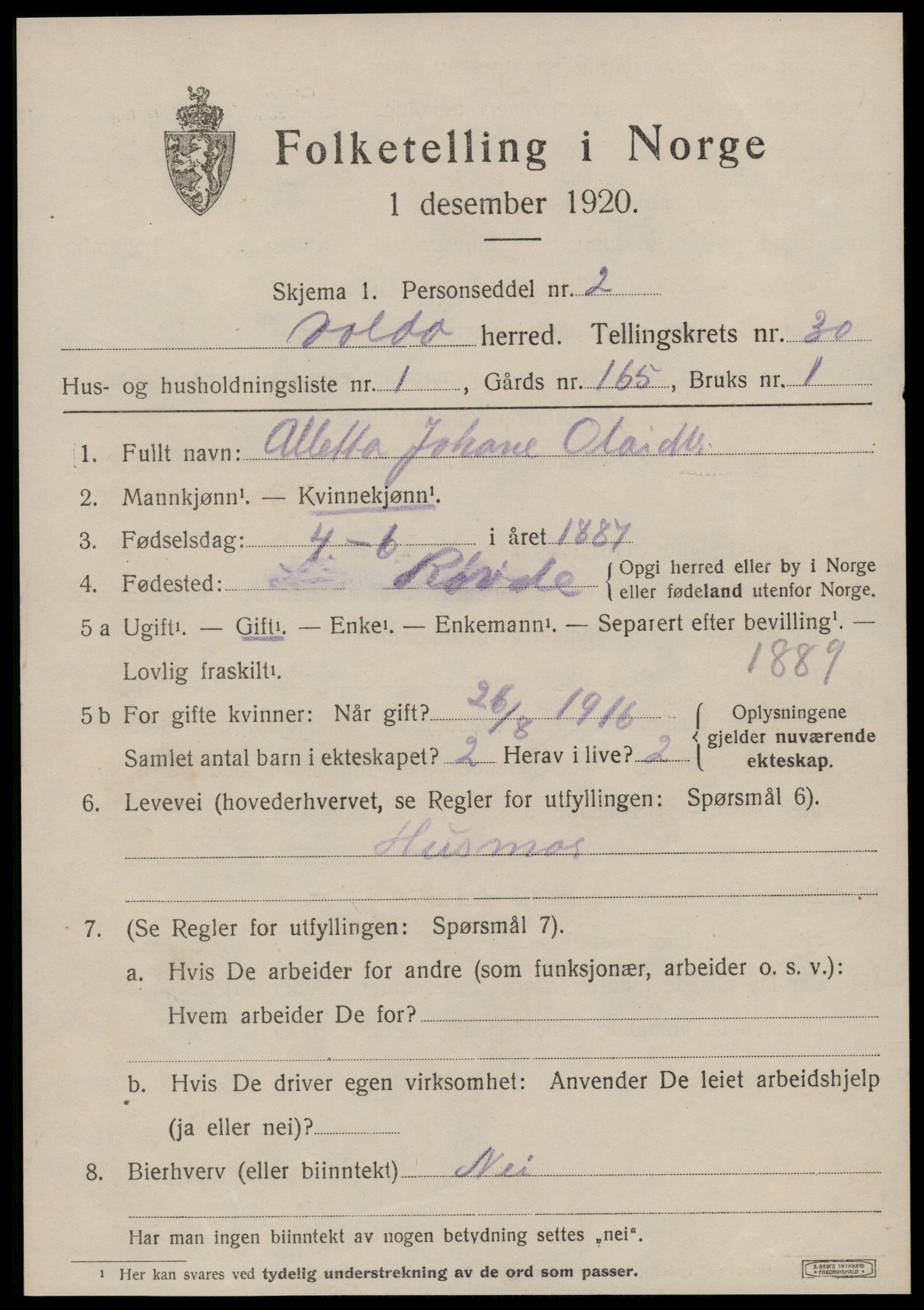 SAT, 1920 census for Volda, 1920, p. 13602