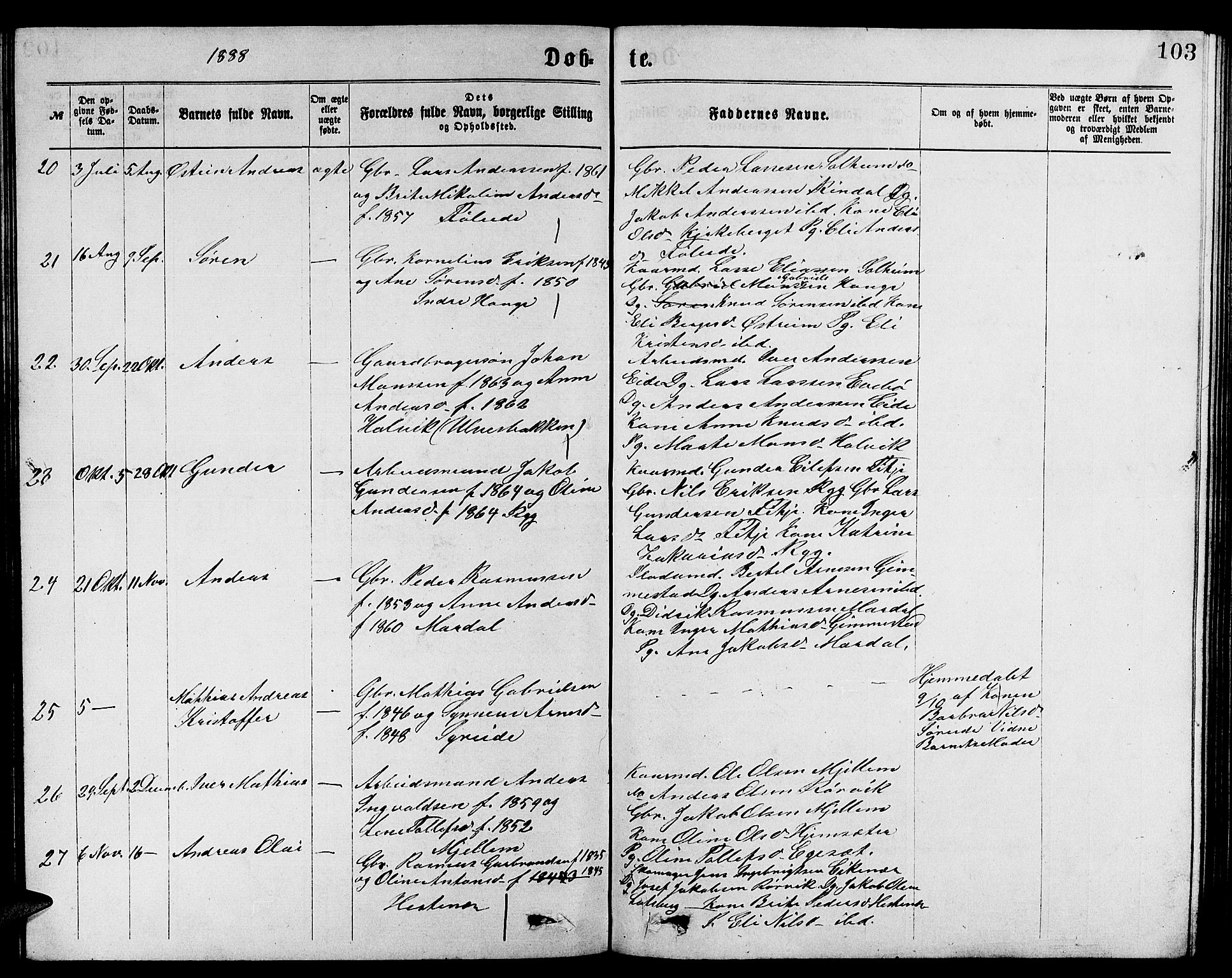 Gloppen sokneprestembete, SAB/A-80101/H/Hab/Habb/L0001: Parish register (copy) no. B 1, 1872-1888, p. 103