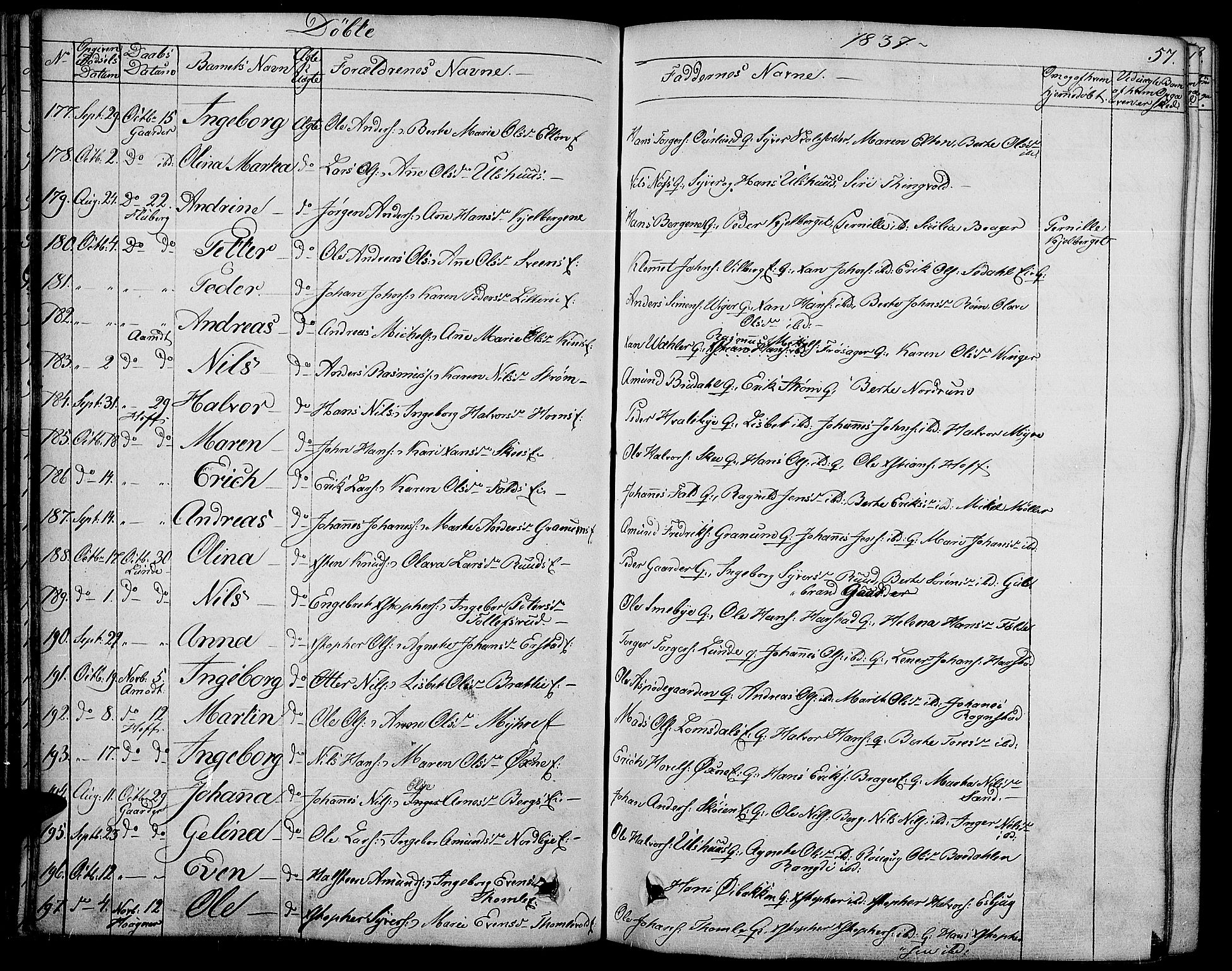 Land prestekontor, SAH/PREST-120/H/Ha/Haa/L0008: Parish register (official) no. 8, 1830-1846, p. 57