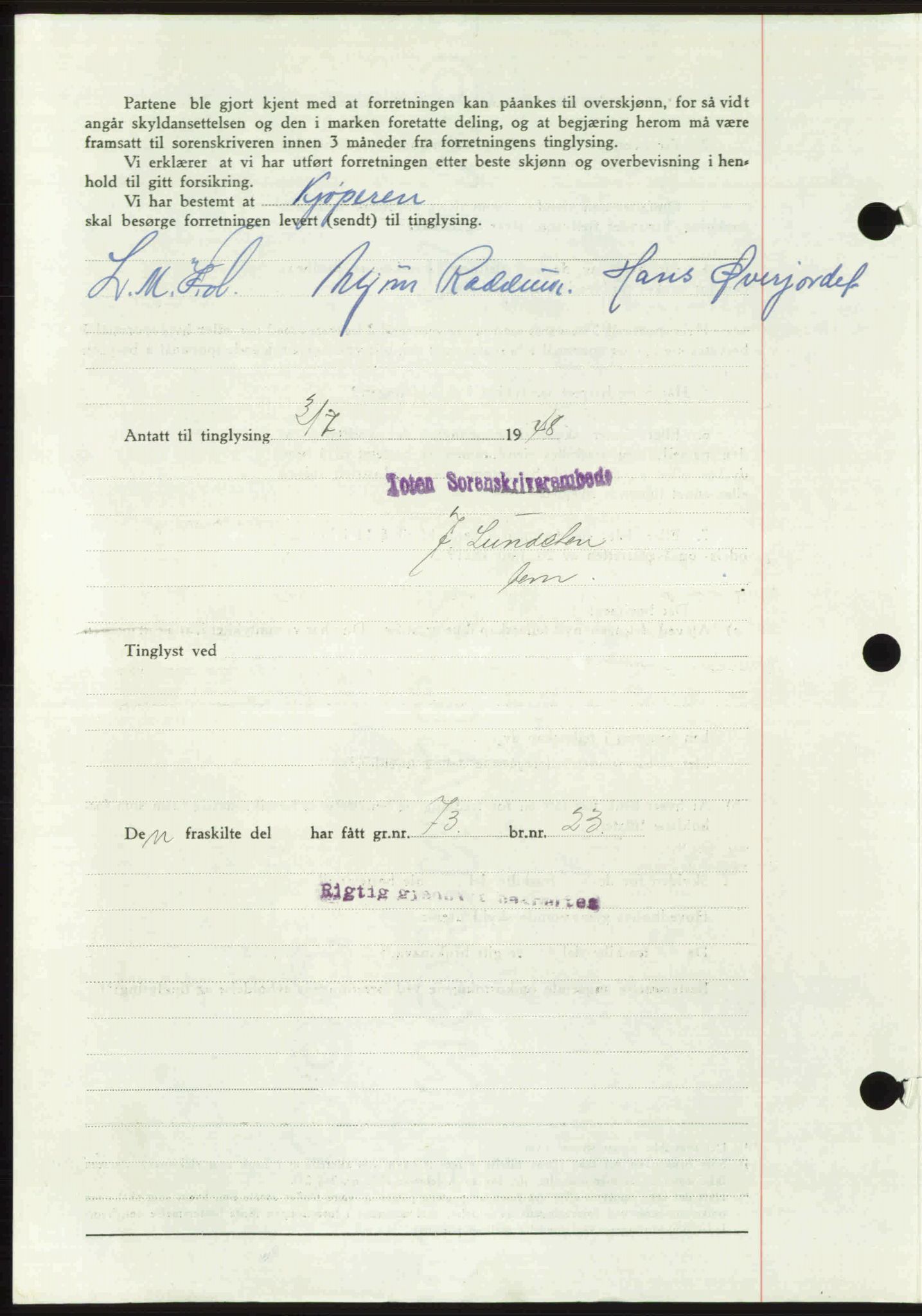 Toten tingrett, SAH/TING-006/H/Hb/Hbc/L0020: Mortgage book no. Hbc-20, 1948-1948, Diary no: : 2088/1948