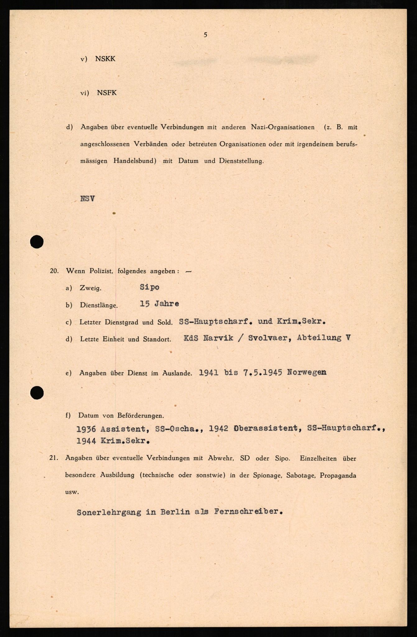 Forsvaret, Forsvarets overkommando II, AV/RA-RAFA-3915/D/Db/L0010: CI Questionaires. Tyske okkupasjonsstyrker i Norge. Tyskere., 1945-1946, p. 261