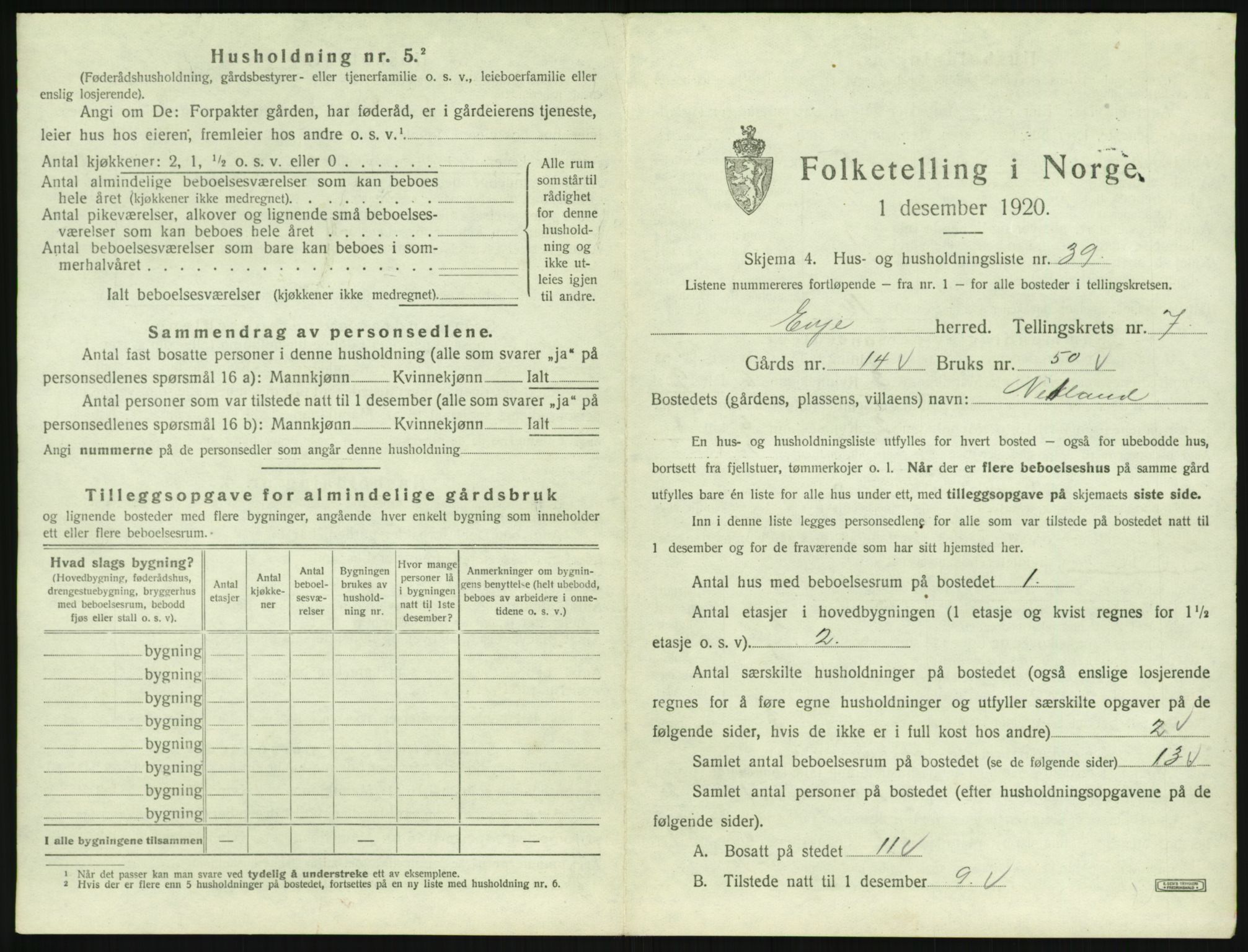 SAK, 1920 census for Evje, 1920, p. 418