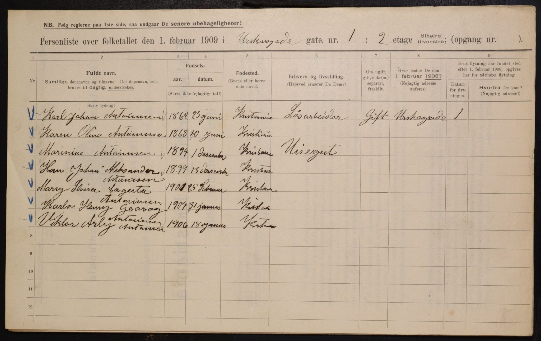 OBA, Municipal Census 1909 for Kristiania, 1909, p. 2377