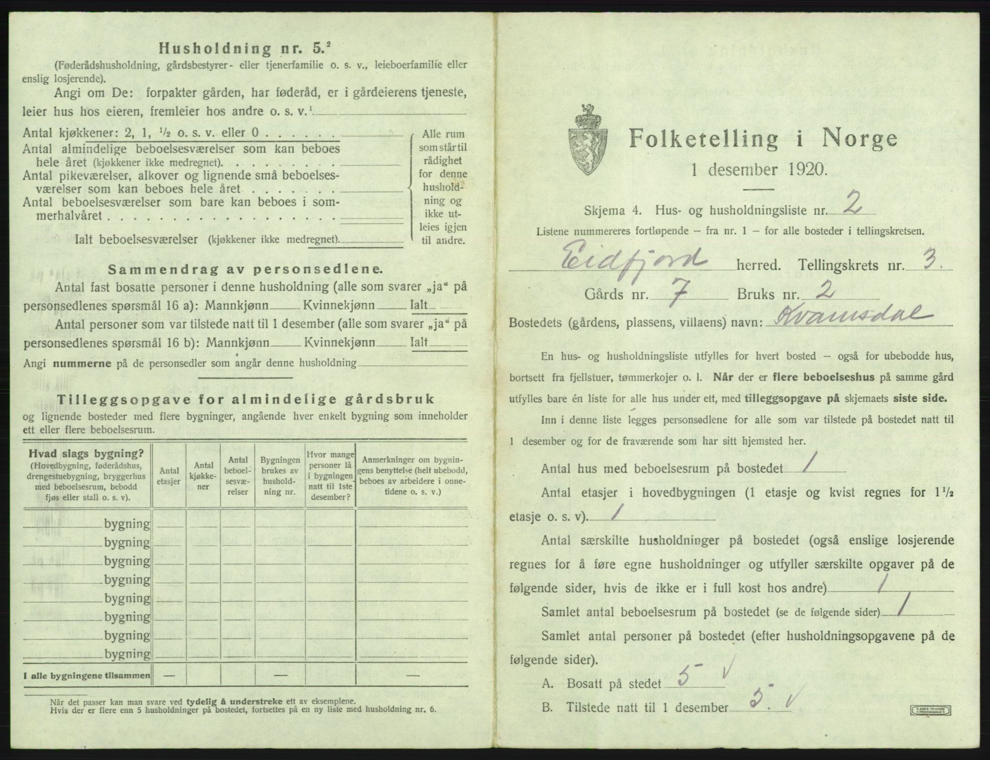 SAB, 1920 census for Eidfjord, 1920, p. 138