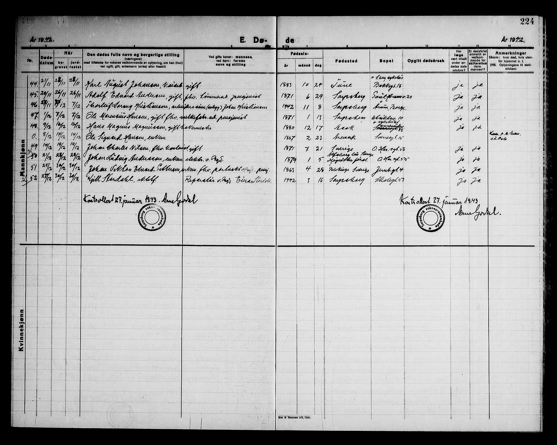 Sarpsborg prestekontor Kirkebøker, AV/SAO-A-2006/G/Ga/L0004: Parish register (copy) no. 4, 1929-1949, p. 224