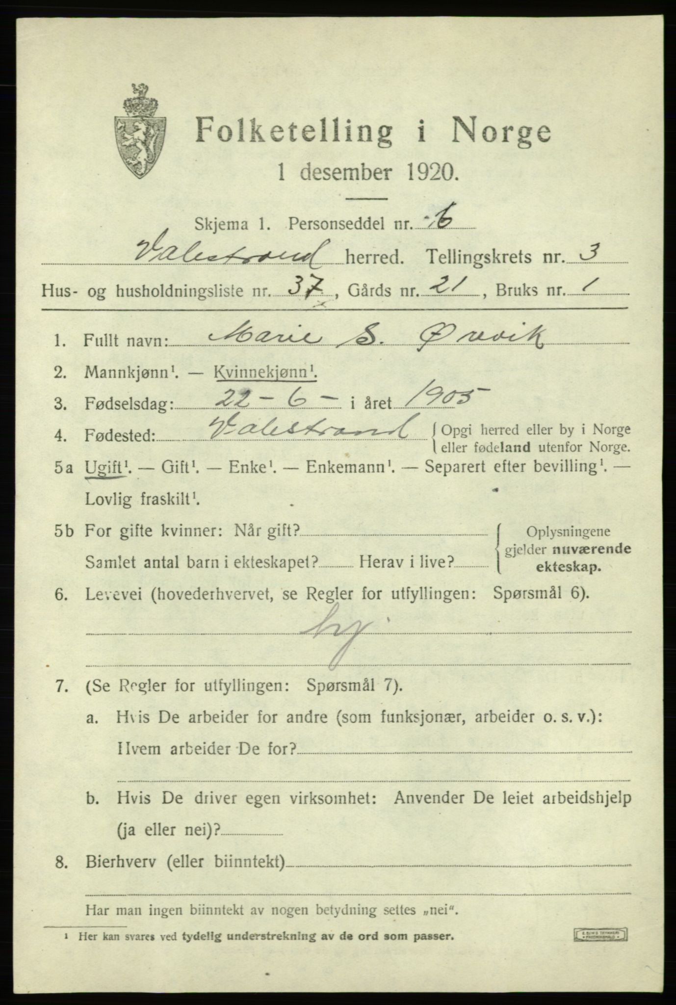 SAB, 1920 census for Valestrand, 1920, p. 1623