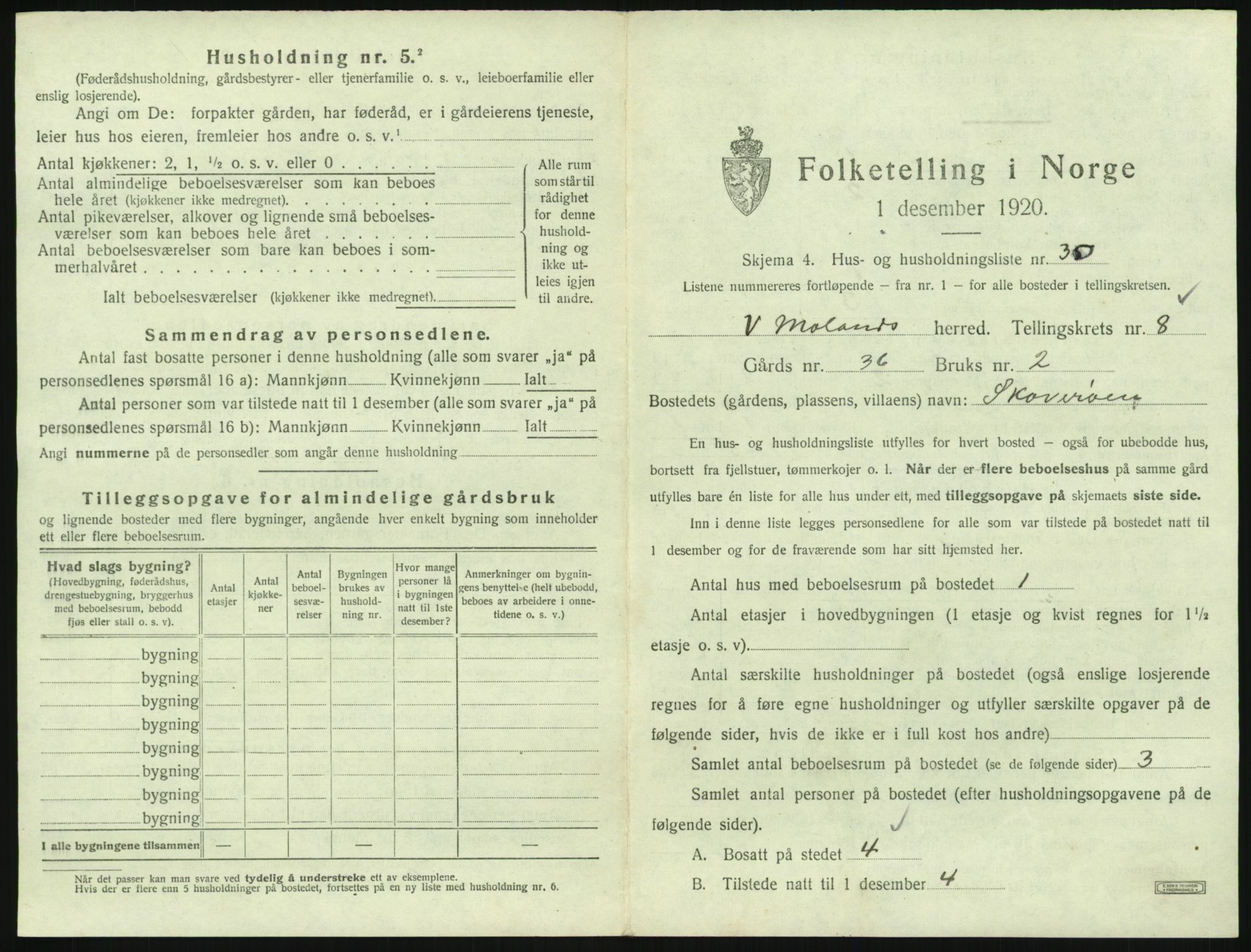SAK, 1920 census for Vestre Moland, 1920, p. 1011