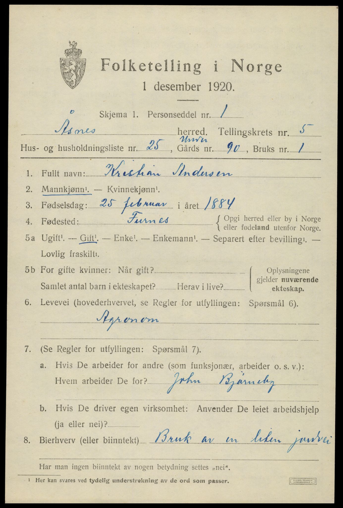 SAH, 1920 census for Åsnes, 1920, p. 6950