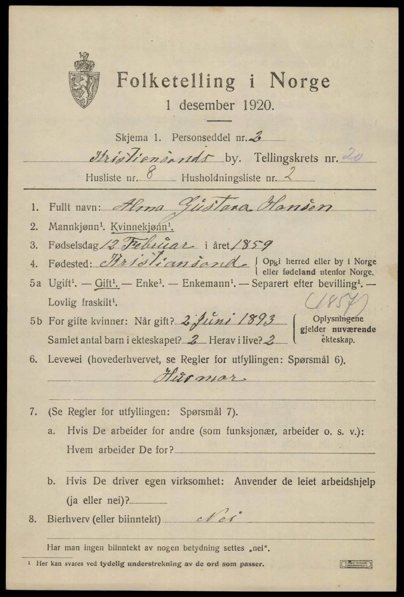 SAK, 1920 census for Kristiansand, 1920, p. 35871