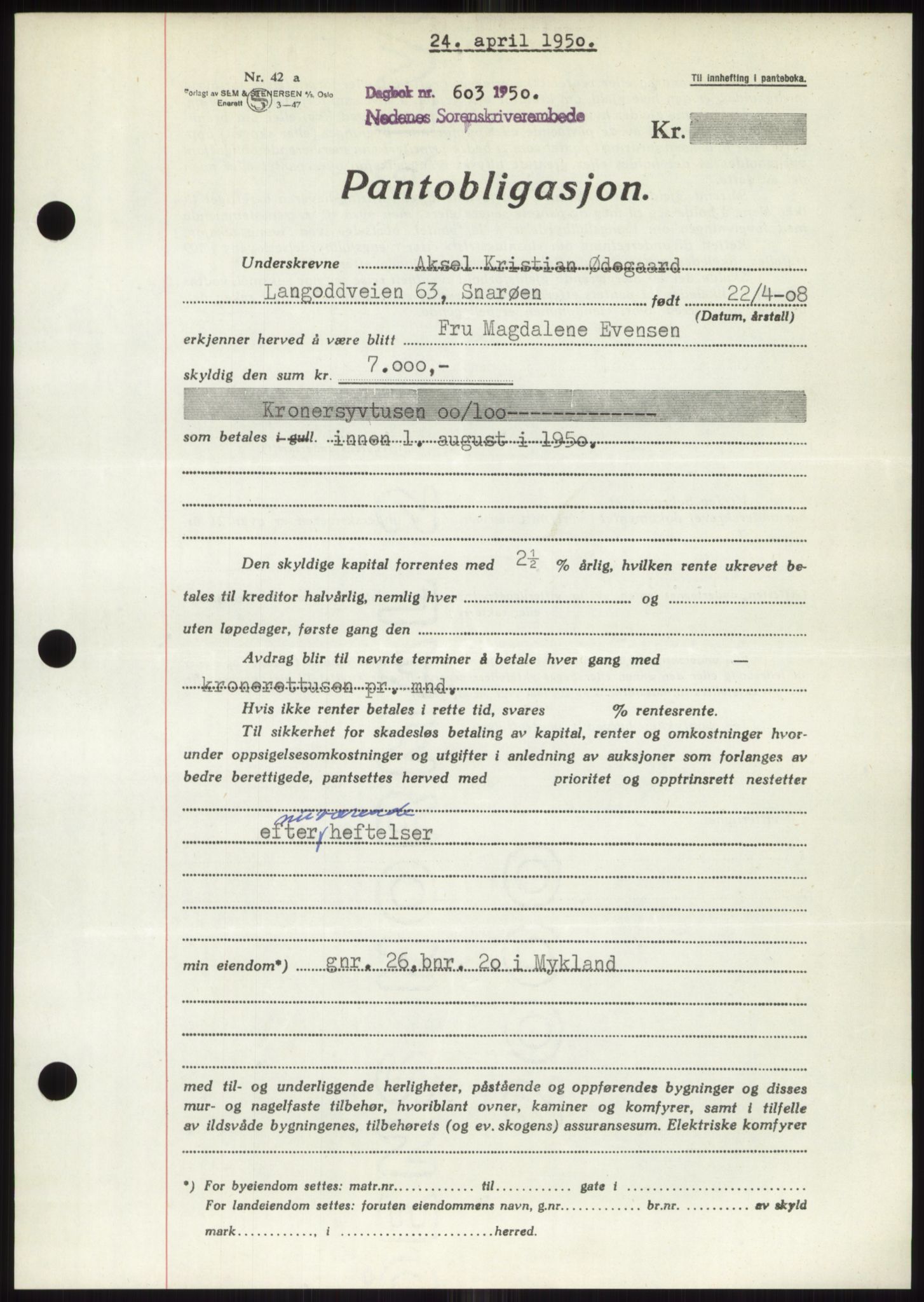 Nedenes sorenskriveri, AV/SAK-1221-0006/G/Gb/Gbb/L0007: Mortgage book no. B7, 1949-1950, Diary no: : 603/1950