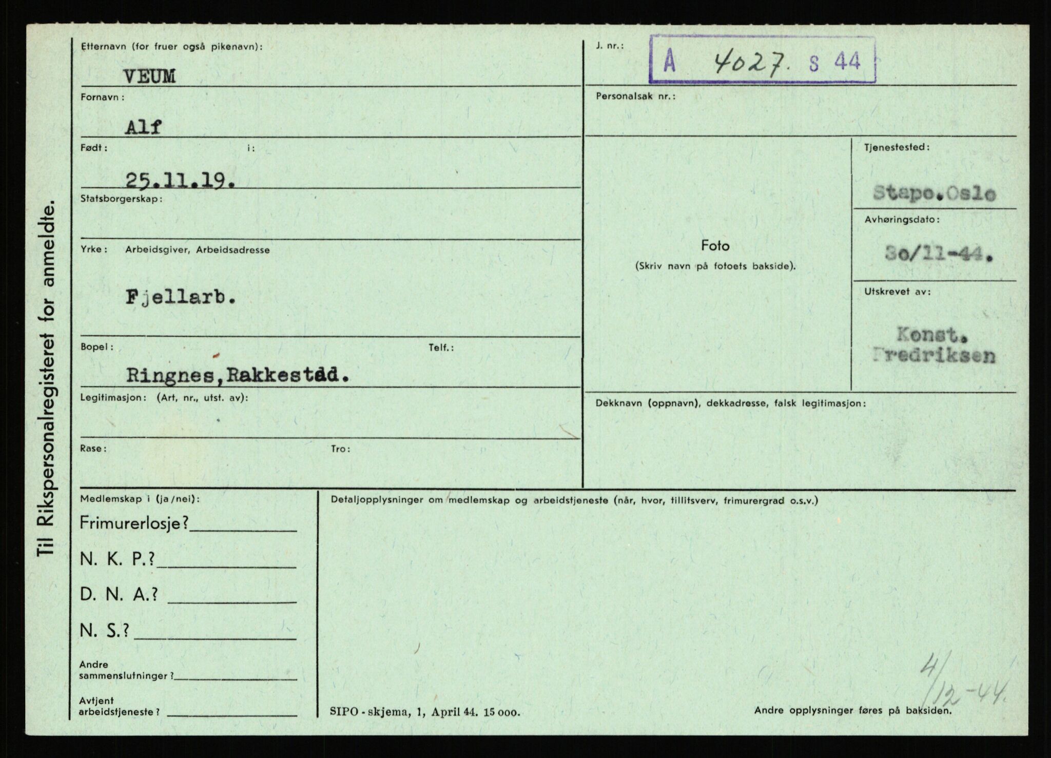 Statspolitiet - Hovedkontoret / Osloavdelingen, AV/RA-S-1329/C/Ca/L0016: Uberg - Øystese, 1943-1945, p. 1067