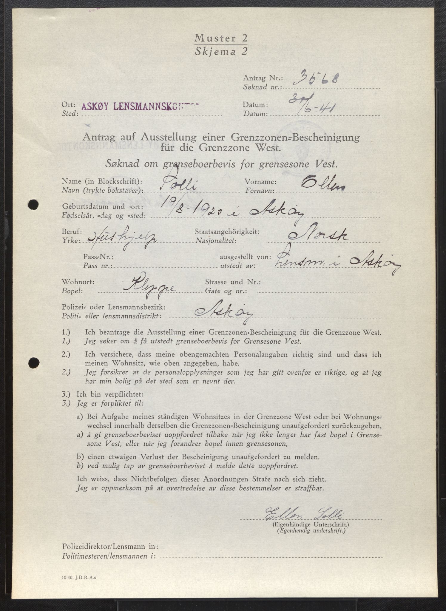 Lensmannen i Askøy, AV/SAB-A-31001/0026/L0011: Søknader om grensebuarbevis 3401 - 3825, 1940-1942, p. 331