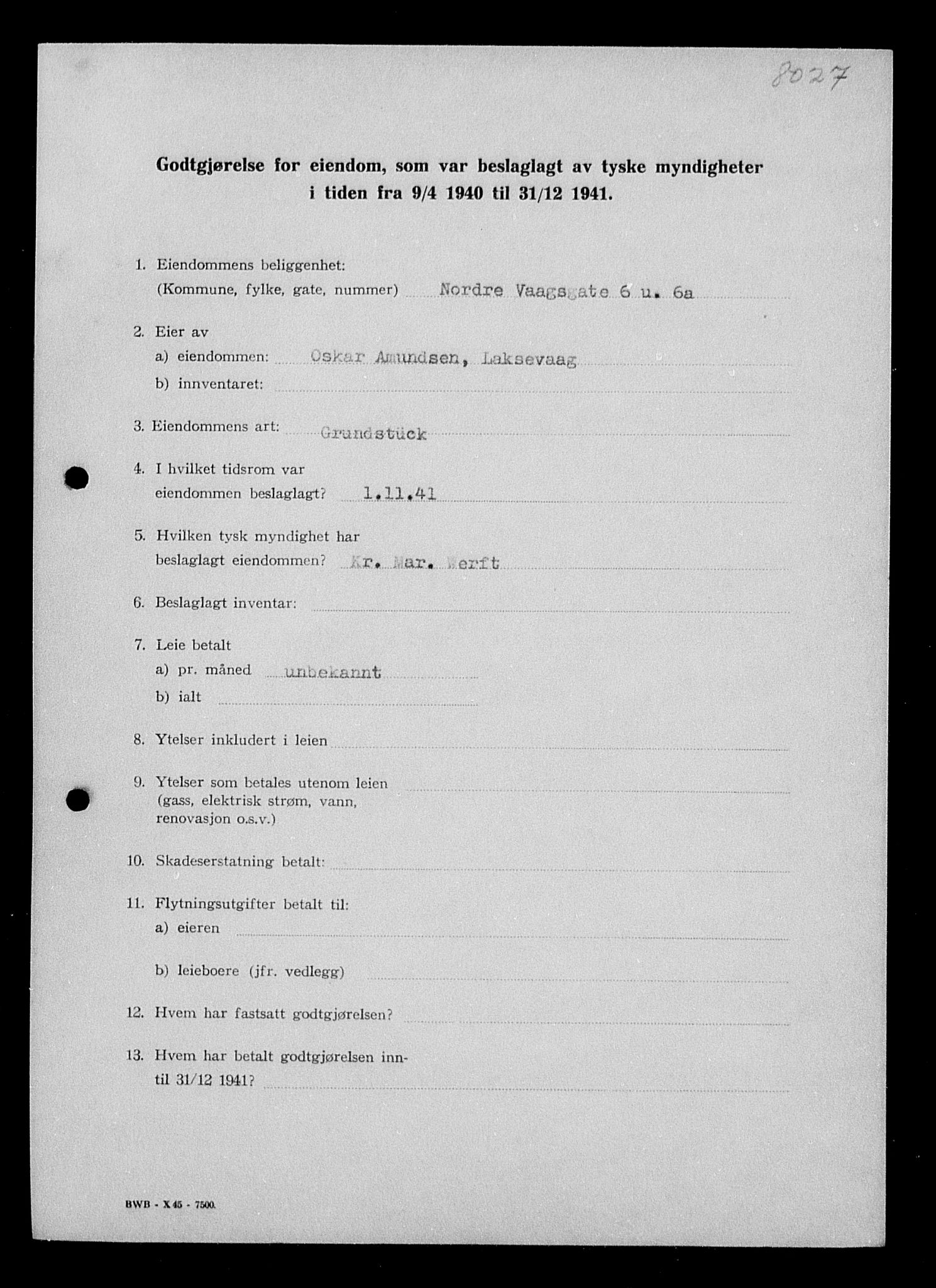 Justisdepartementet, Tilbakeføringskontoret for inndratte formuer, AV/RA-S-1564/I/L1016: Godtgjørelse for beslaglagt eiendom, 1940-1941, p. 279