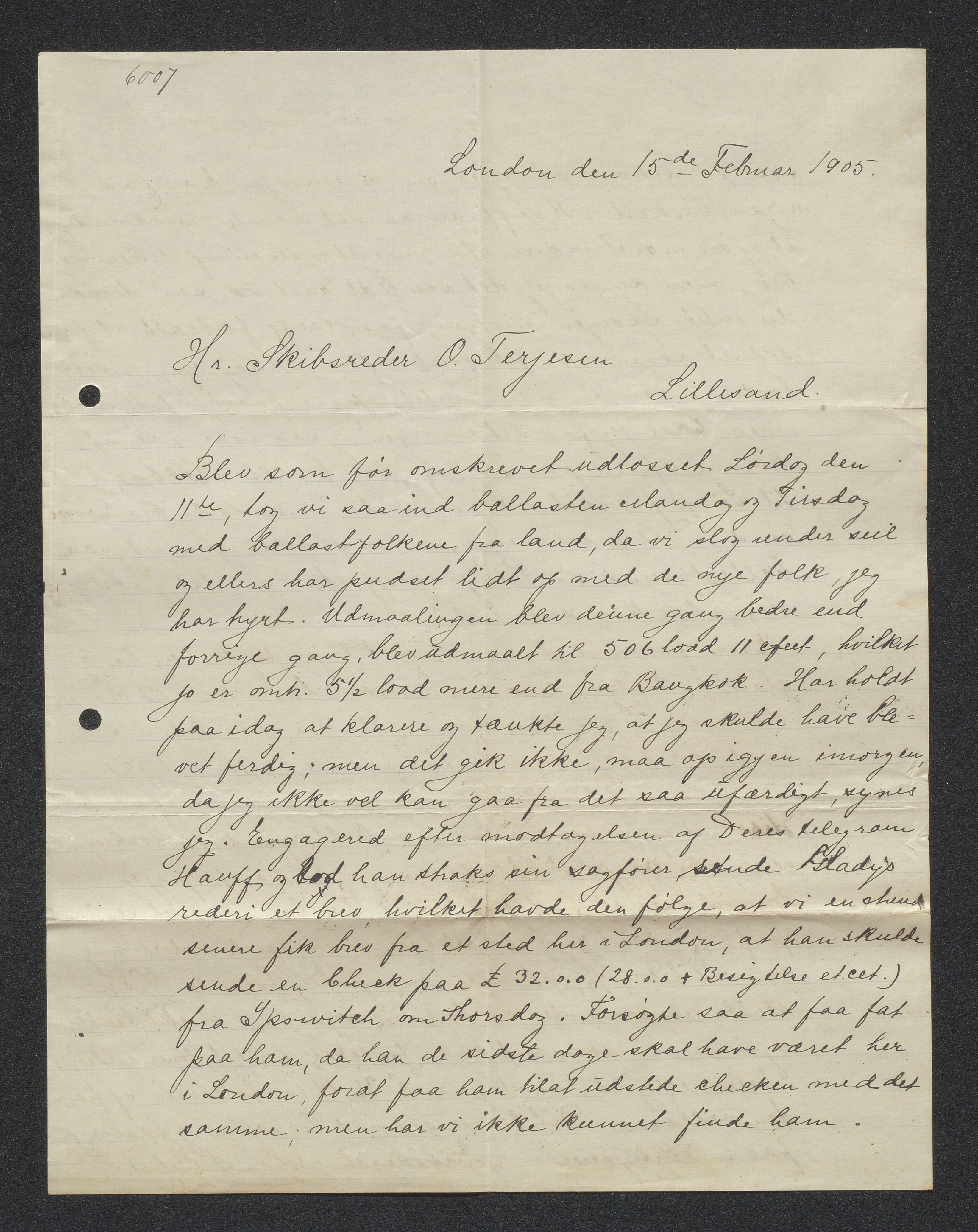 O. Terjesens rederi, AAKS/PA-2525/E/E01/L0013: Korrespondanse, 1904-1905