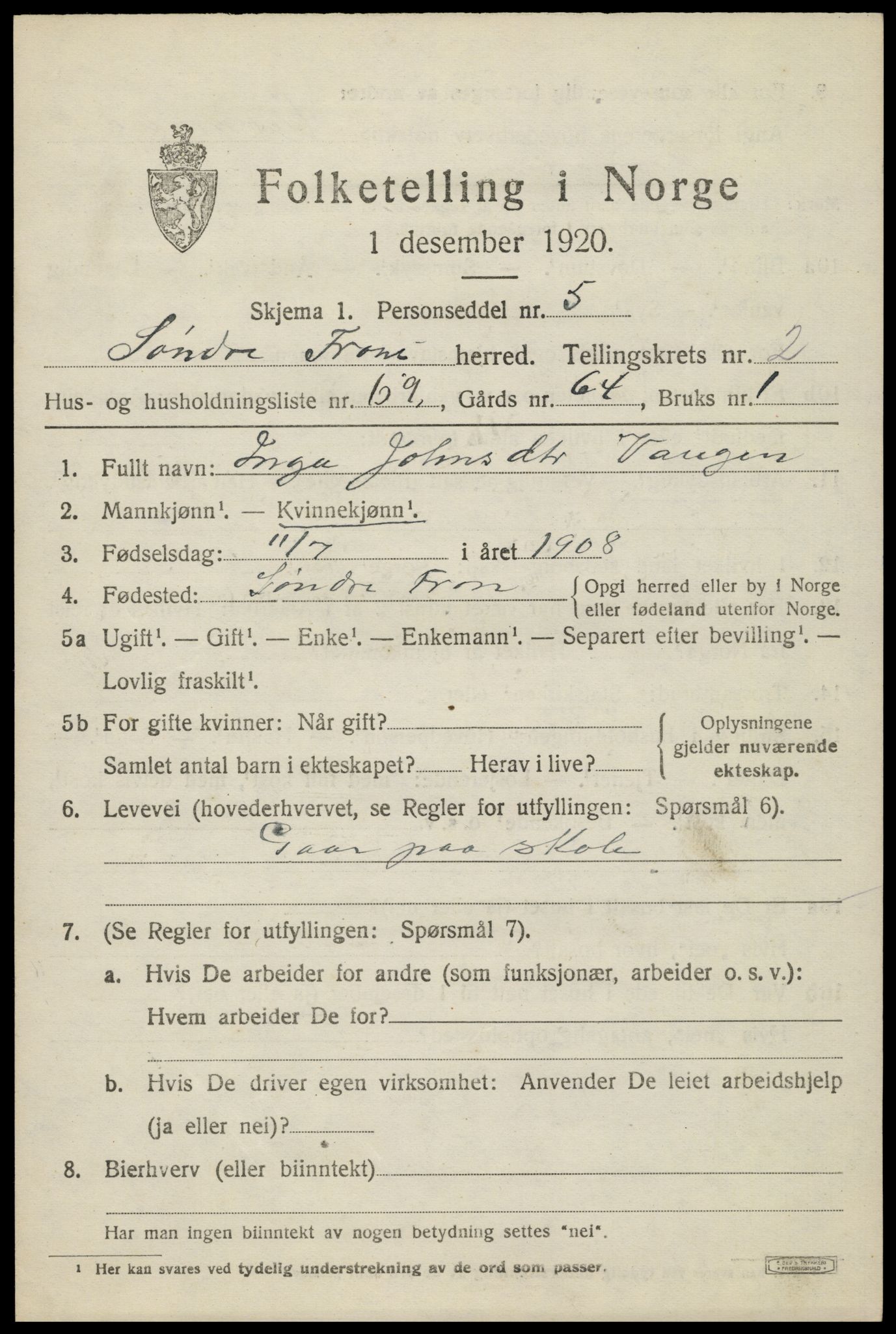 SAH, 1920 census for Sør-Fron, 1920, p. 2725