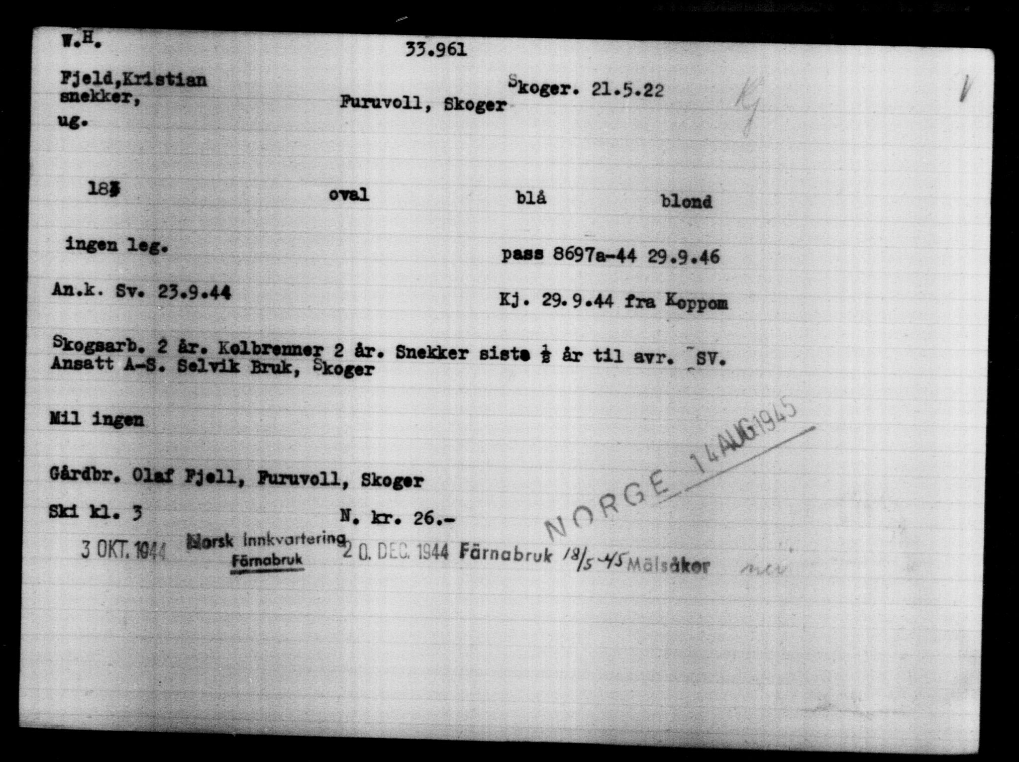 Utenriksstasjonene, Legasjonen i Stockholm, Flyktningkontoret, AV/RA-S-6753/V/Va/L0013: Kjesäterkartoteket, flyktninger med registreringsnr. 31500-34731, 1940-1945, p. 2599