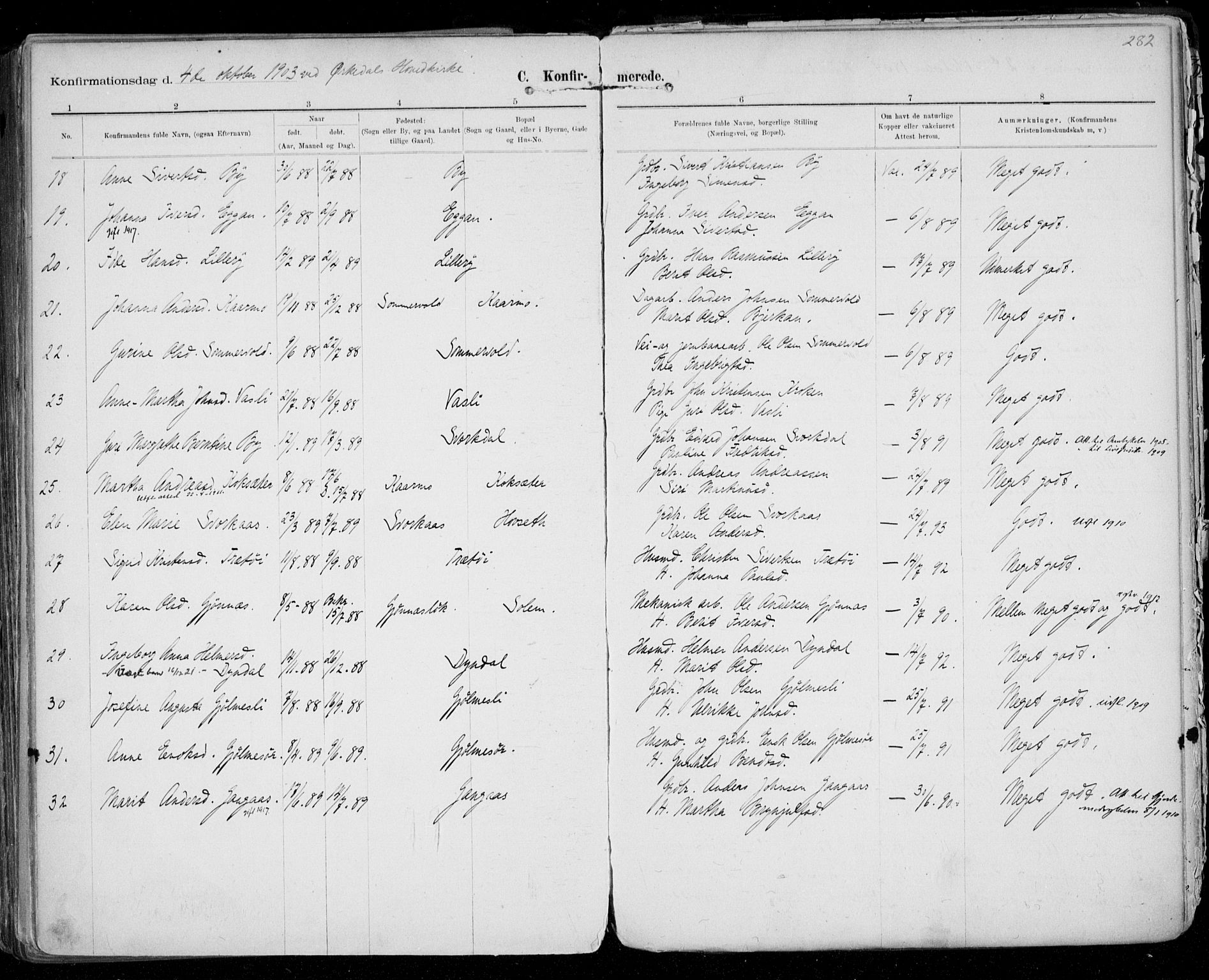 Ministerialprotokoller, klokkerbøker og fødselsregistre - Sør-Trøndelag, SAT/A-1456/668/L0811: Parish register (official) no. 668A11, 1894-1913, p. 282