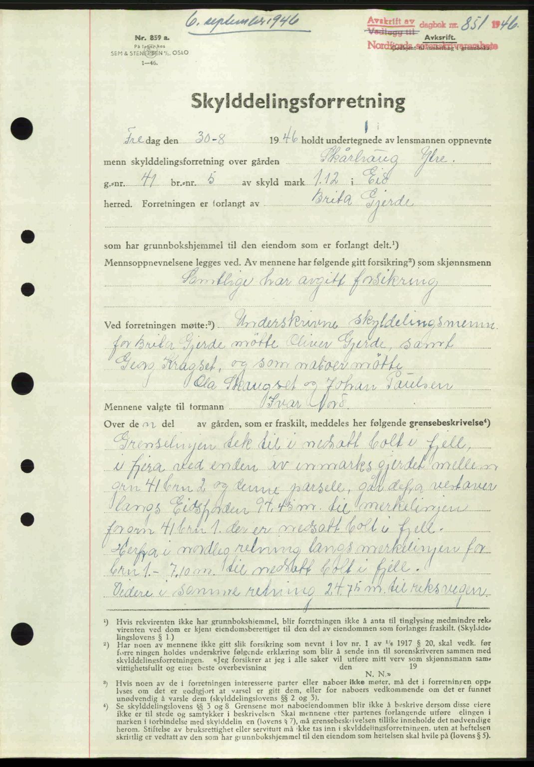 Nordfjord sorenskriveri, AV/SAB-A-2801/02/02b/02bj/L0011: Mortgage book no. A11, 1946-1947, Diary no: : 851/1946