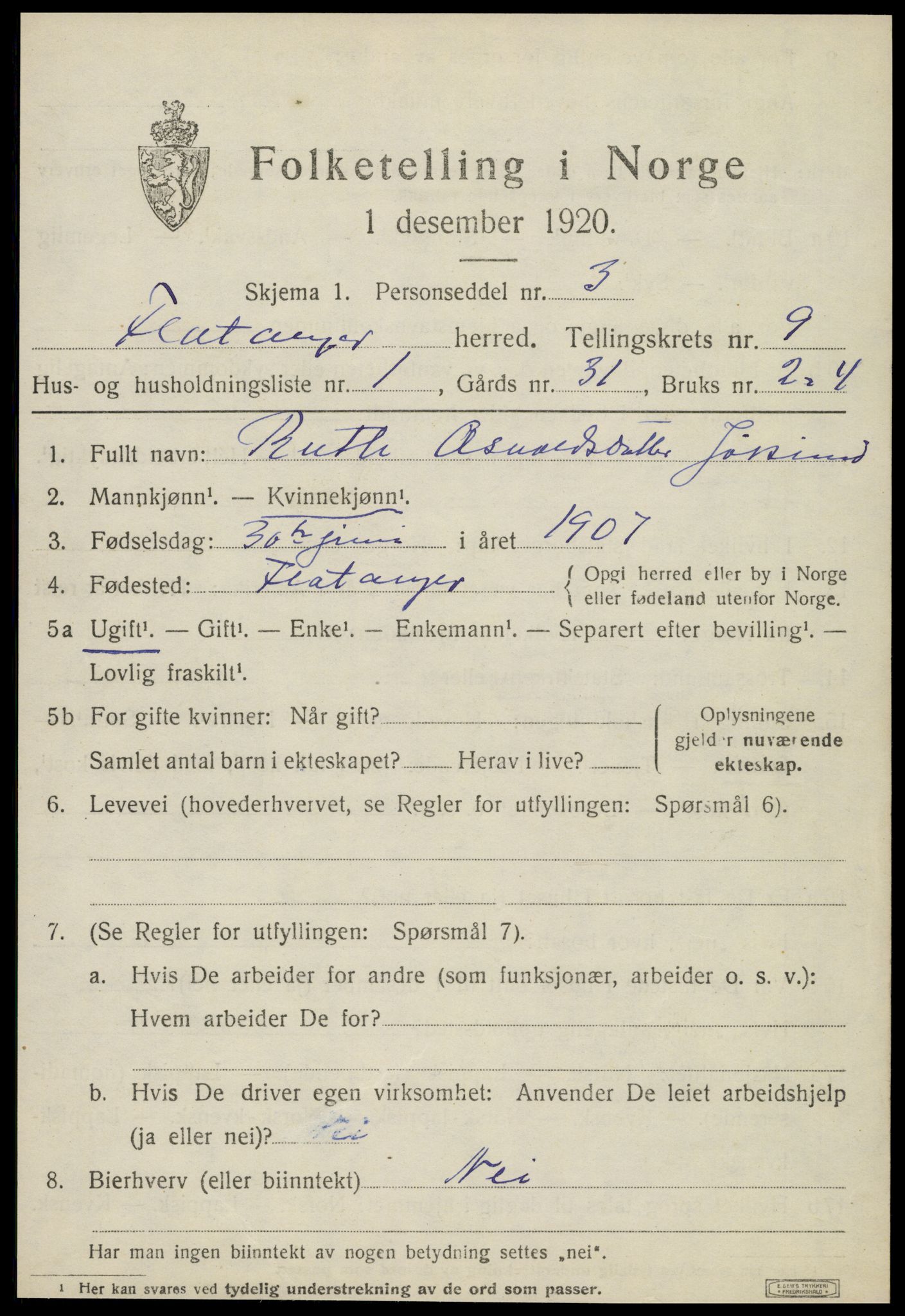 SAT, 1920 census for Flatanger, 1920, p. 4152