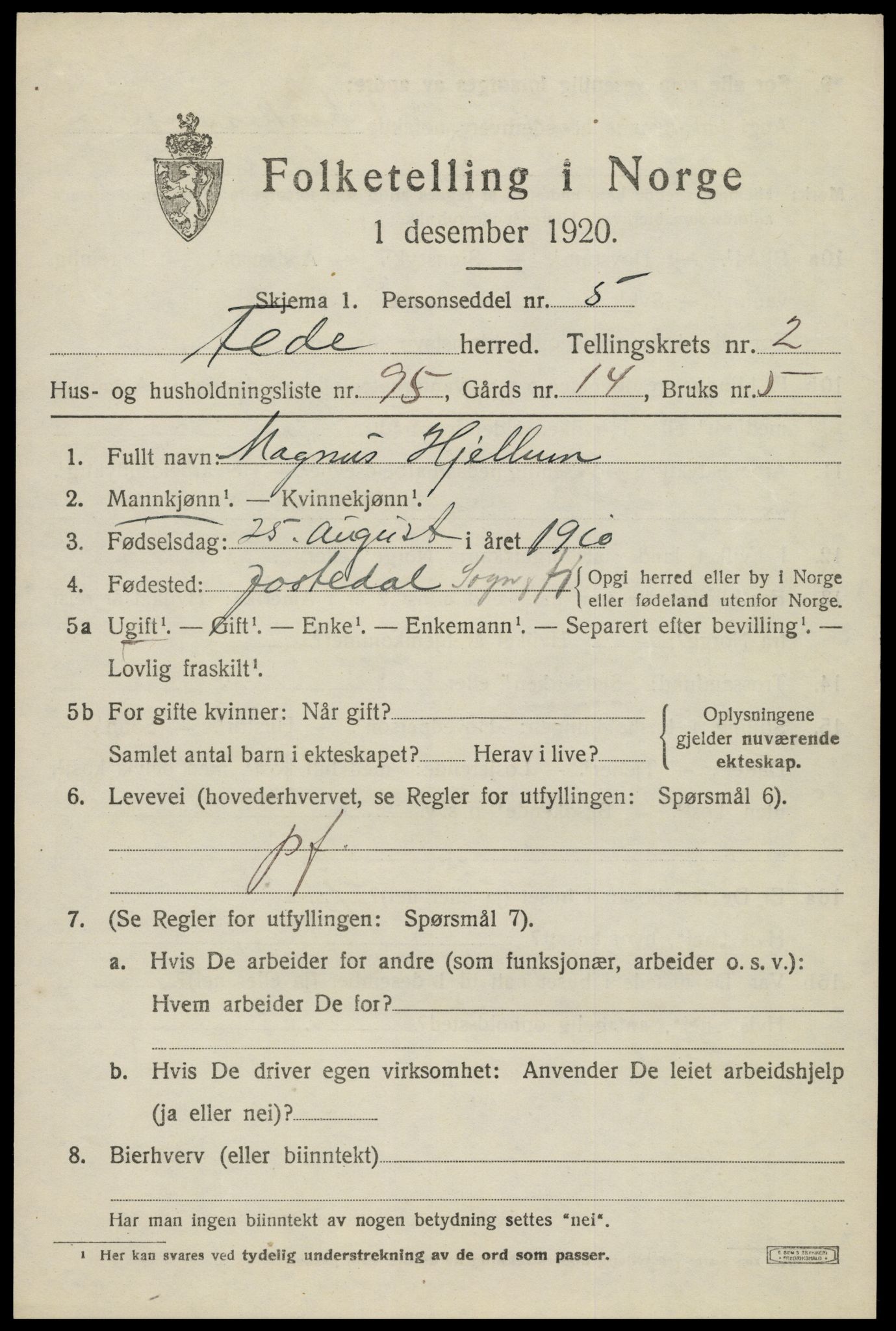 SAK, 1920 census for Feda, 1920, p. 1711