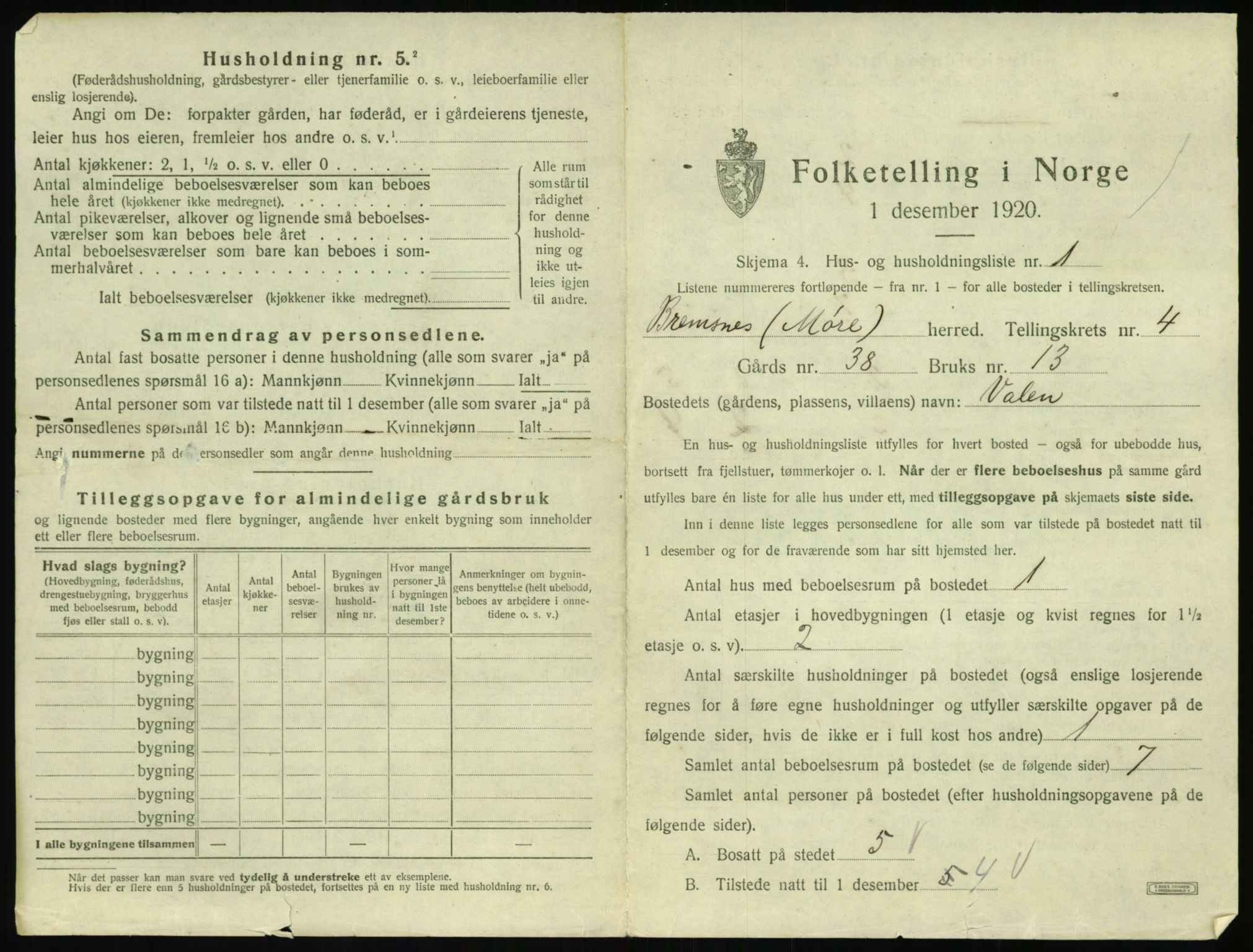 SAT, 1920 census for Bremsnes, 1920, p. 523