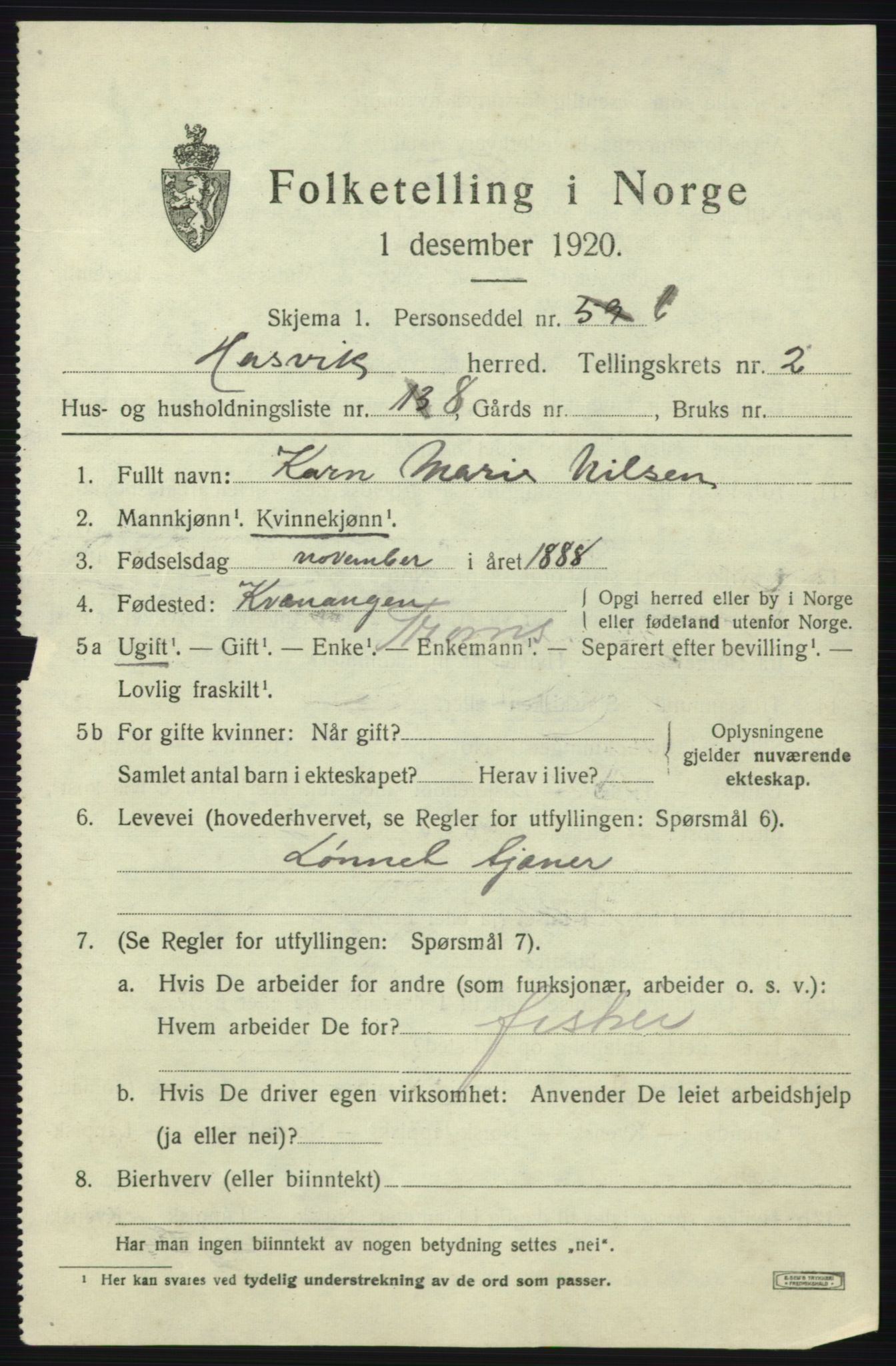 SATØ, 1920 census for Hasvik, 1920, p. 1095