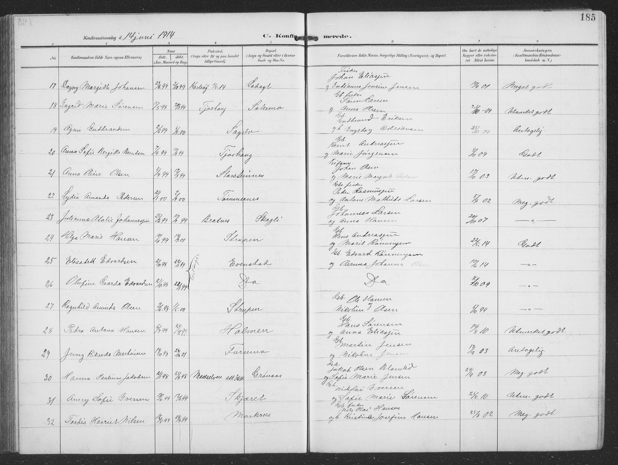 Balsfjord sokneprestembete, SATØ/S-1303/G/Ga/L0009klokker: Parish register (copy) no. 9, 1906-1920, p. 185