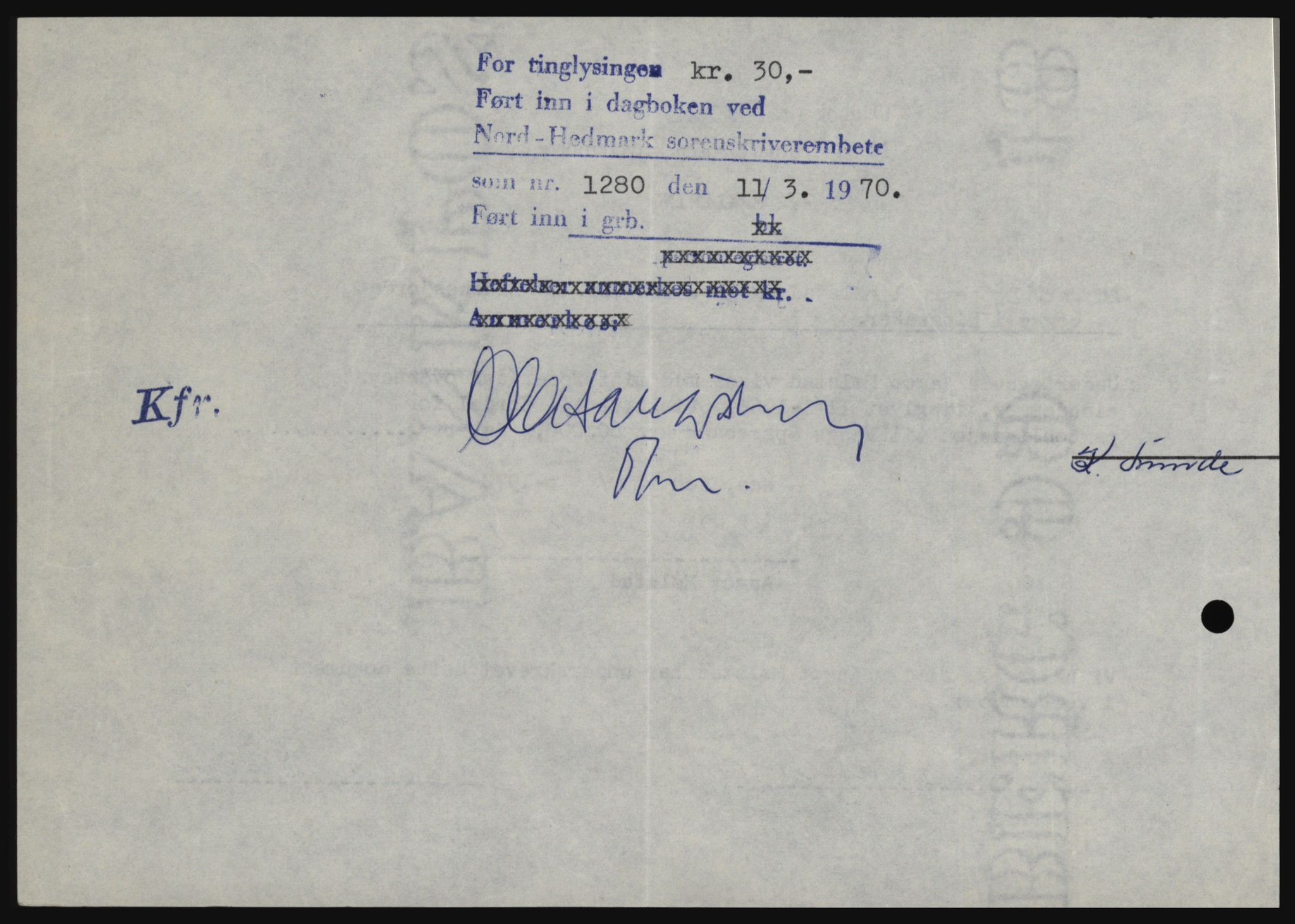 Nord-Hedmark sorenskriveri, SAH/TING-012/H/Hc/L0033: Mortgage book no. 33, 1970-1970, Diary no: : 1280/1970