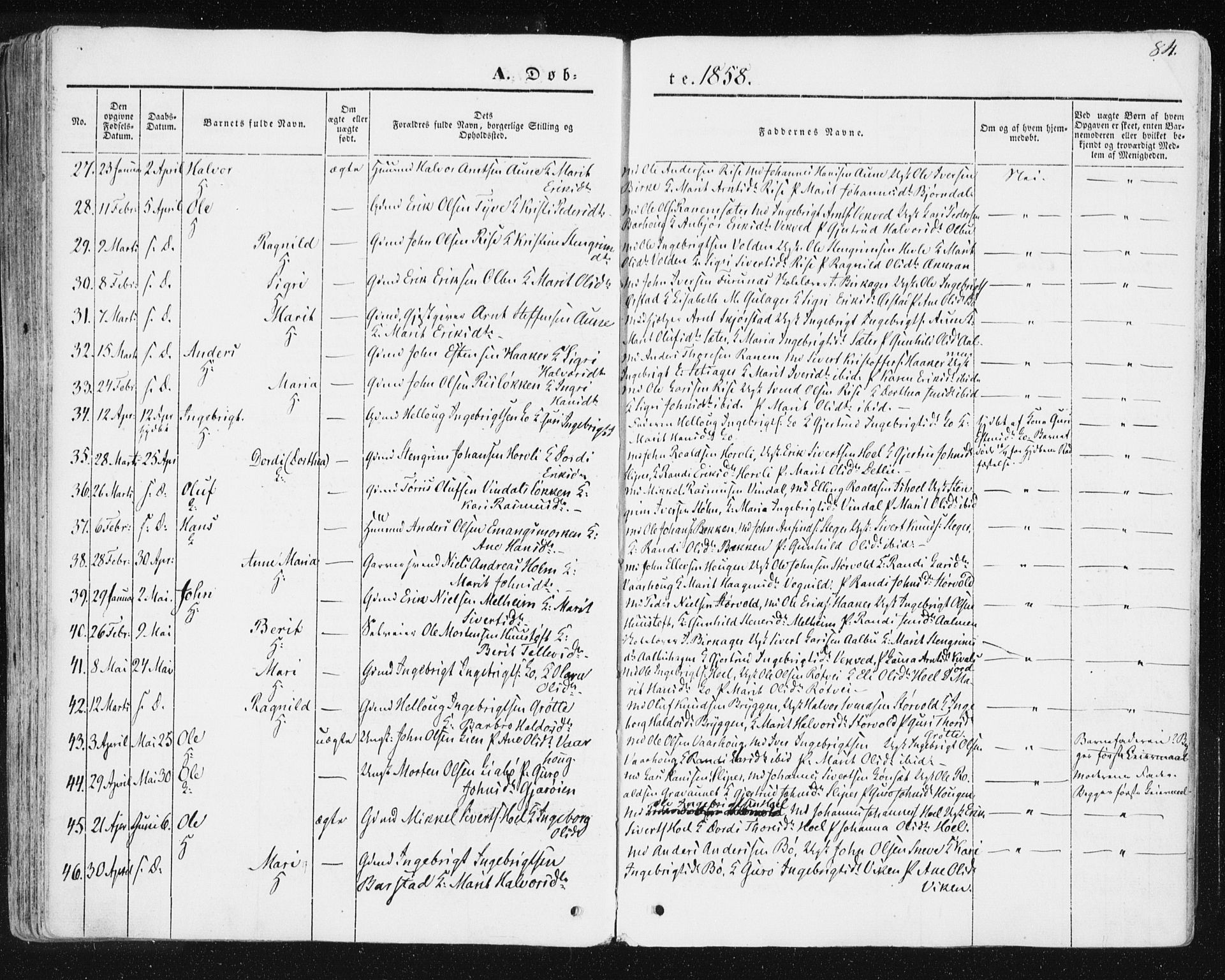 Ministerialprotokoller, klokkerbøker og fødselsregistre - Sør-Trøndelag, SAT/A-1456/678/L0899: Parish register (official) no. 678A08, 1848-1872, p. 84