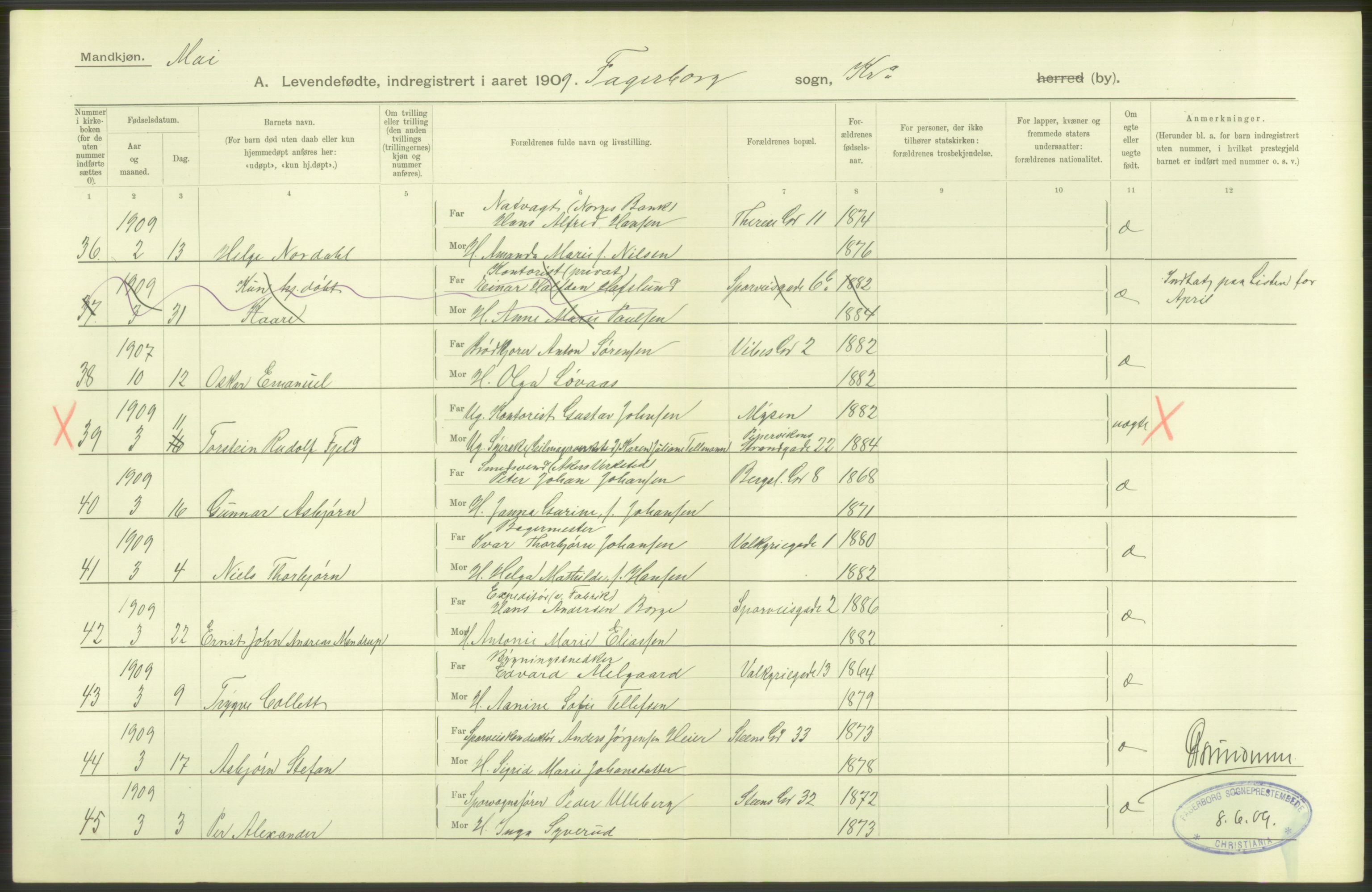 Statistisk sentralbyrå, Sosiodemografiske emner, Befolkning, AV/RA-S-2228/D/Df/Dfa/Dfag/L0007: Kristiania: Levendefødte menn og kvinner., 1909, p. 96