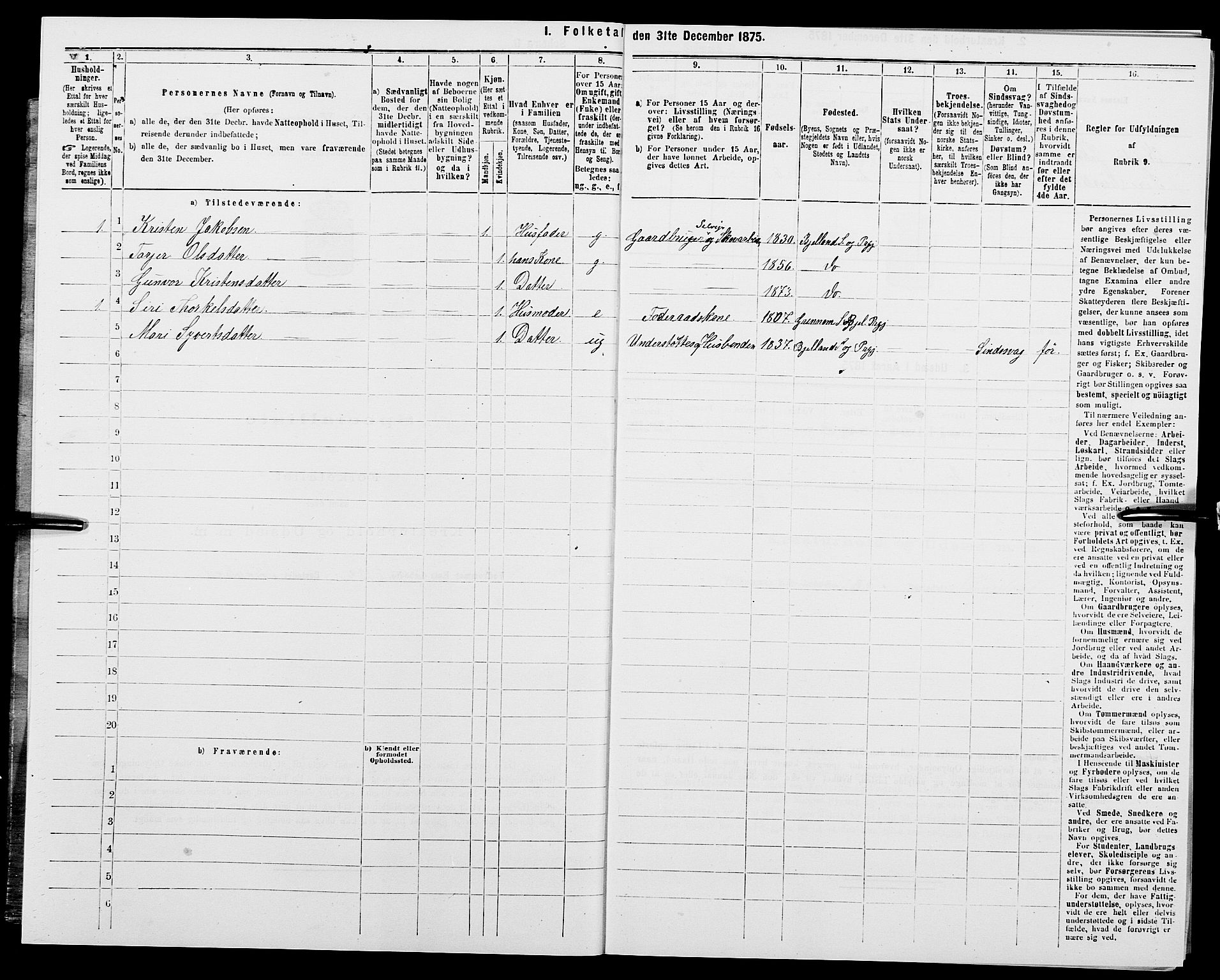 SAK, 1875 census for 1024P Bjelland, 1875, p. 267