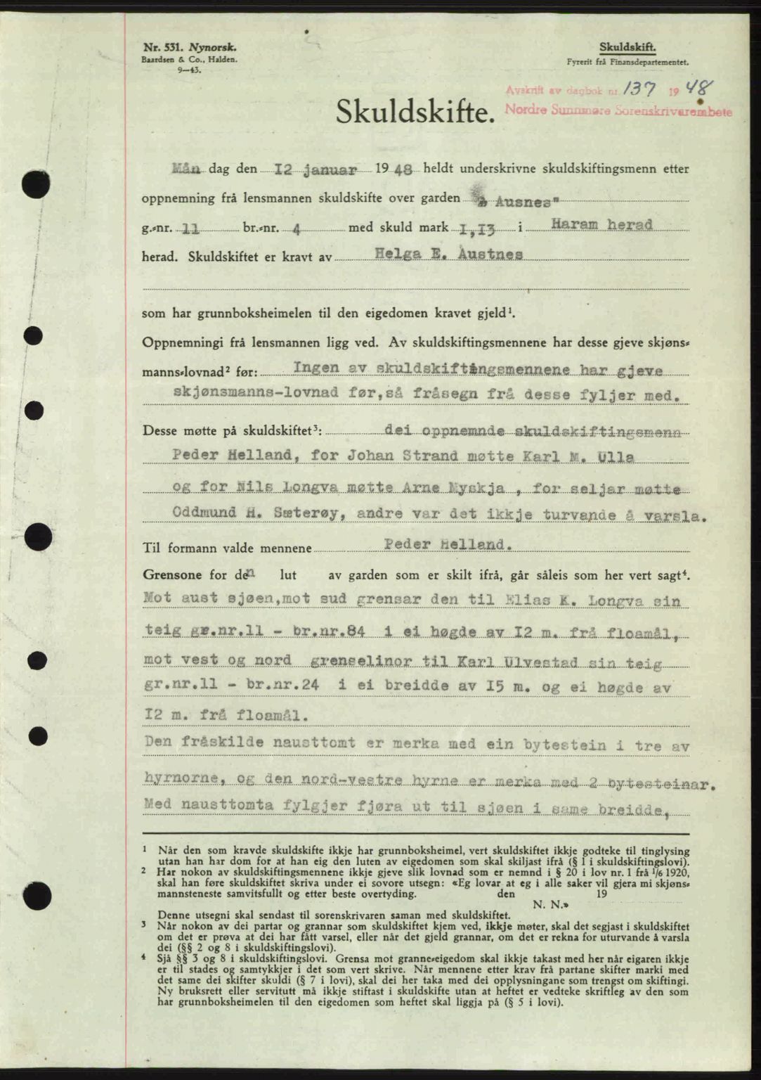 Nordre Sunnmøre sorenskriveri, AV/SAT-A-0006/1/2/2C/2Ca: Mortgage book no. A26, 1947-1948, Diary no: : 137/1948