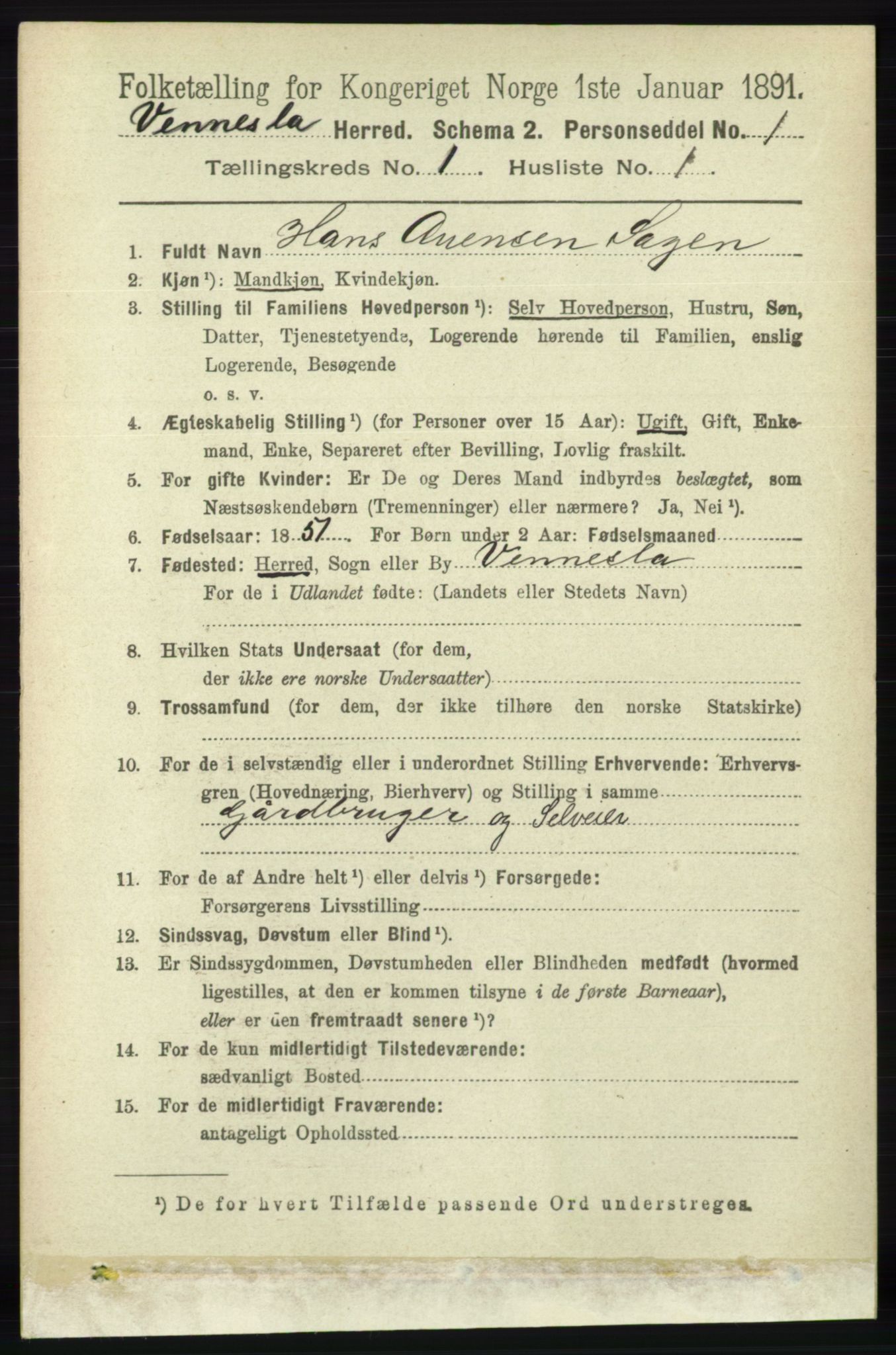 RA, 1891 census for 1014 Vennesla, 1891, p. 71