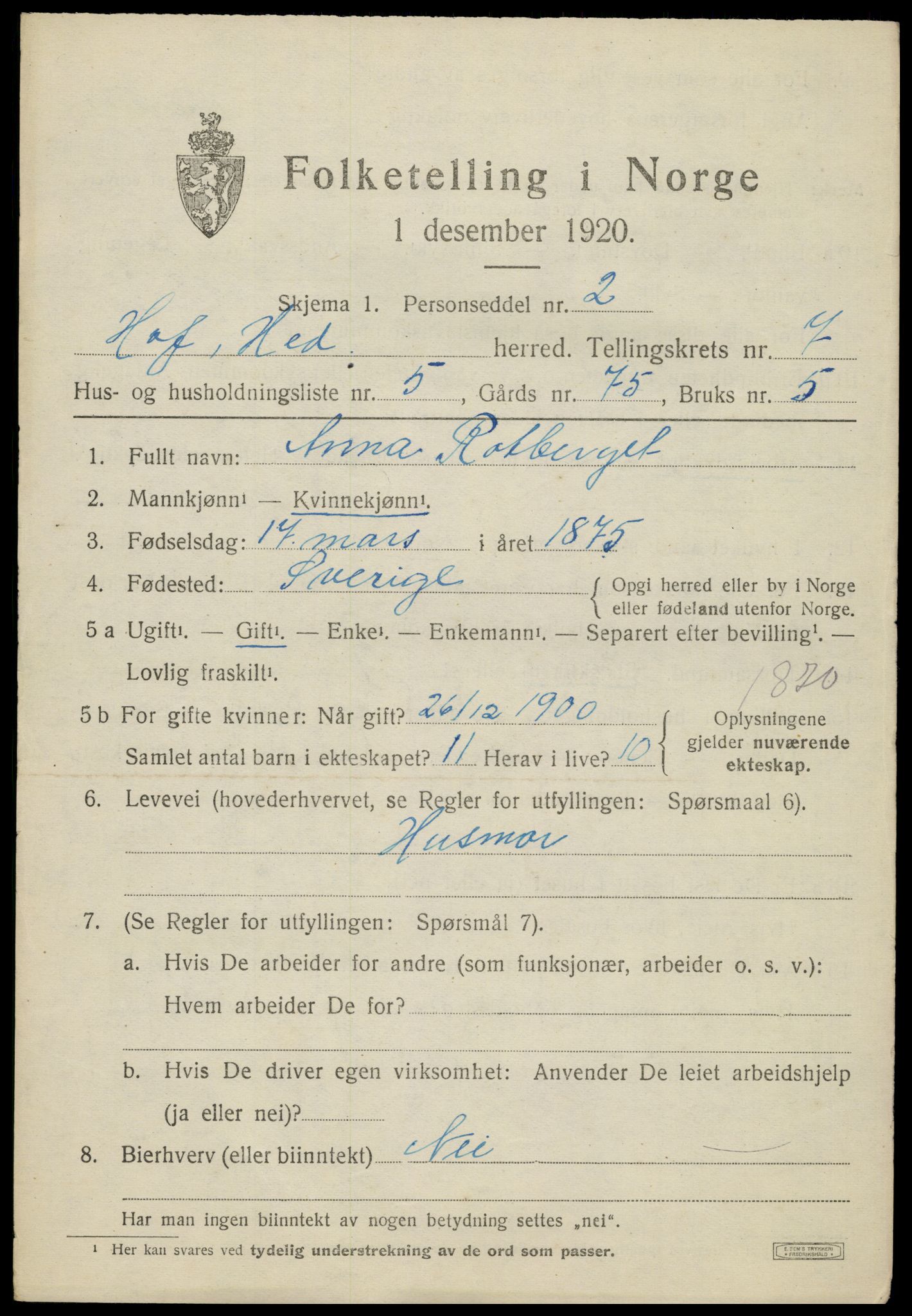 SAH, 1920 census for Hof, 1920, p. 7949