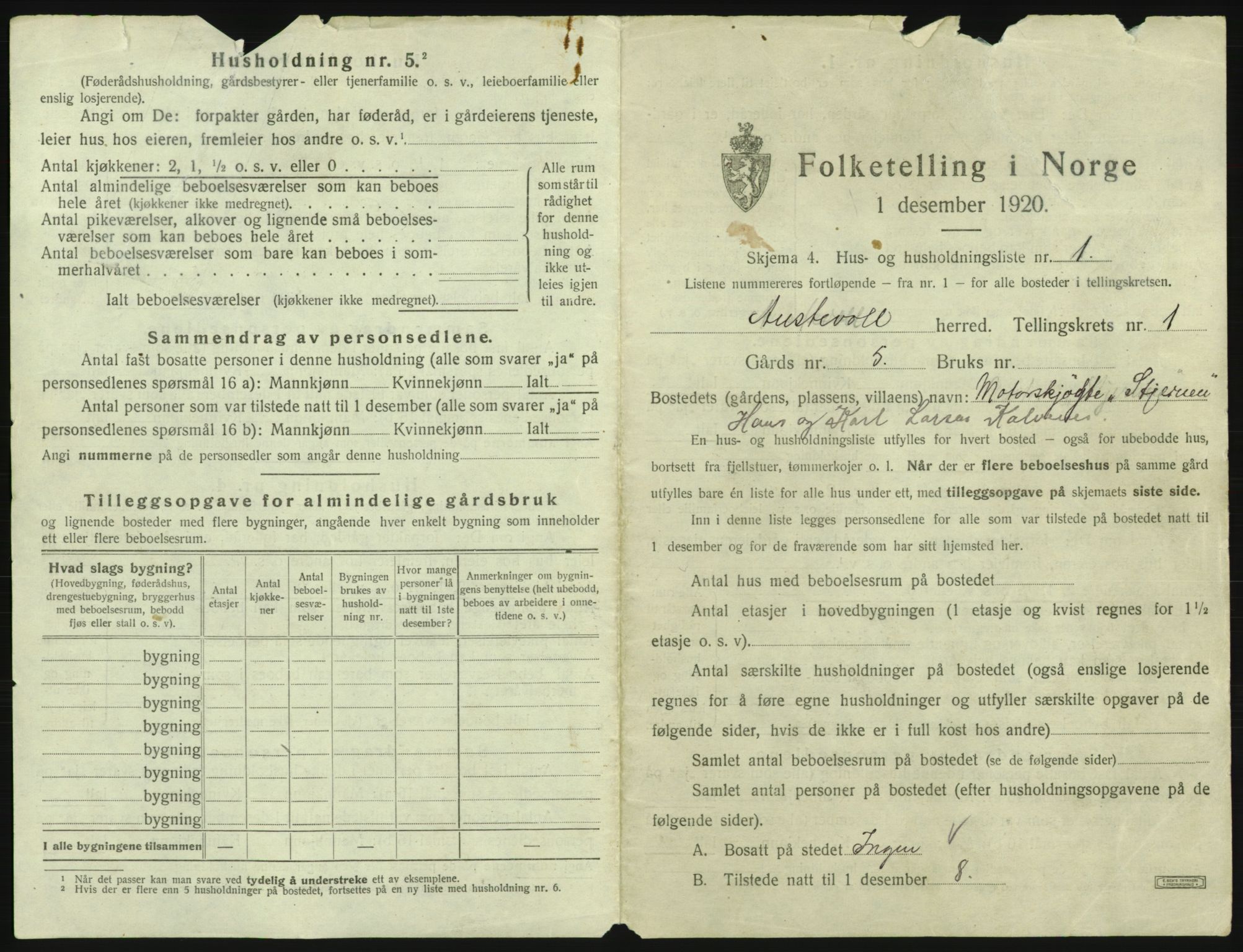 SAB, 1920 census for Austevoll, 1920, p. 43