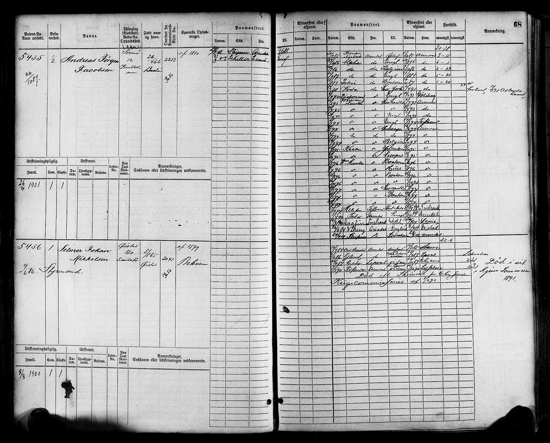 Arendal mønstringskrets, AV/SAK-2031-0012/F/Fb/L0017: Hovedrulle A nr 5323-6076, S-15, 1884-1892, p. 69