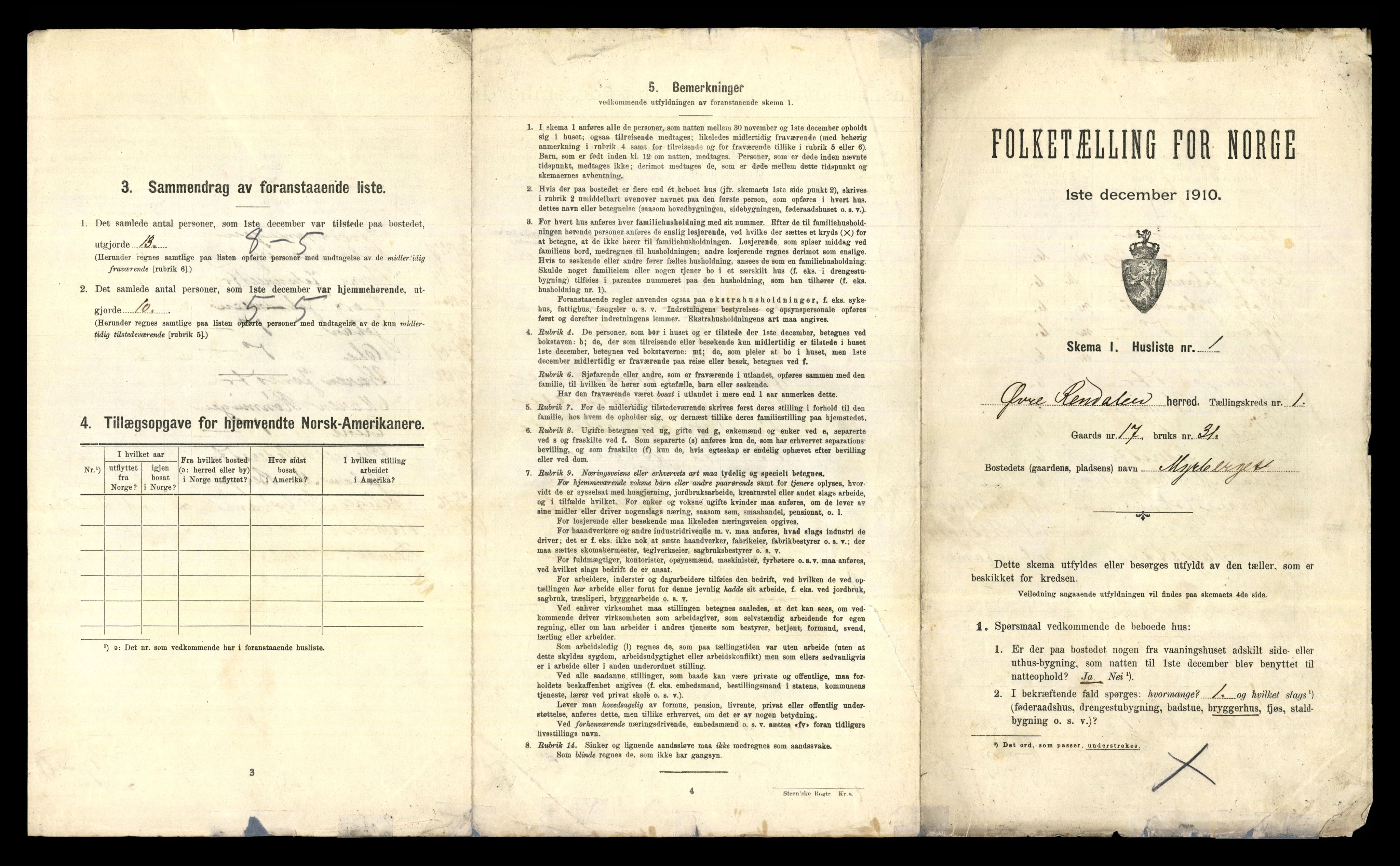 RA, 1910 census for Øvre Rendal, 1910, p. 36