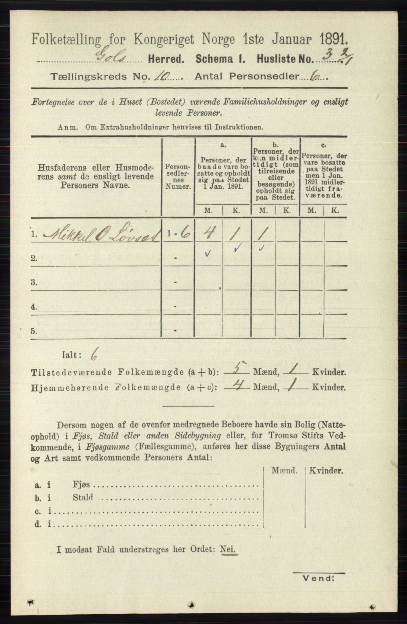 RA, 1891 census for 0617 Gol og Hemsedal, 1891, p. 3983