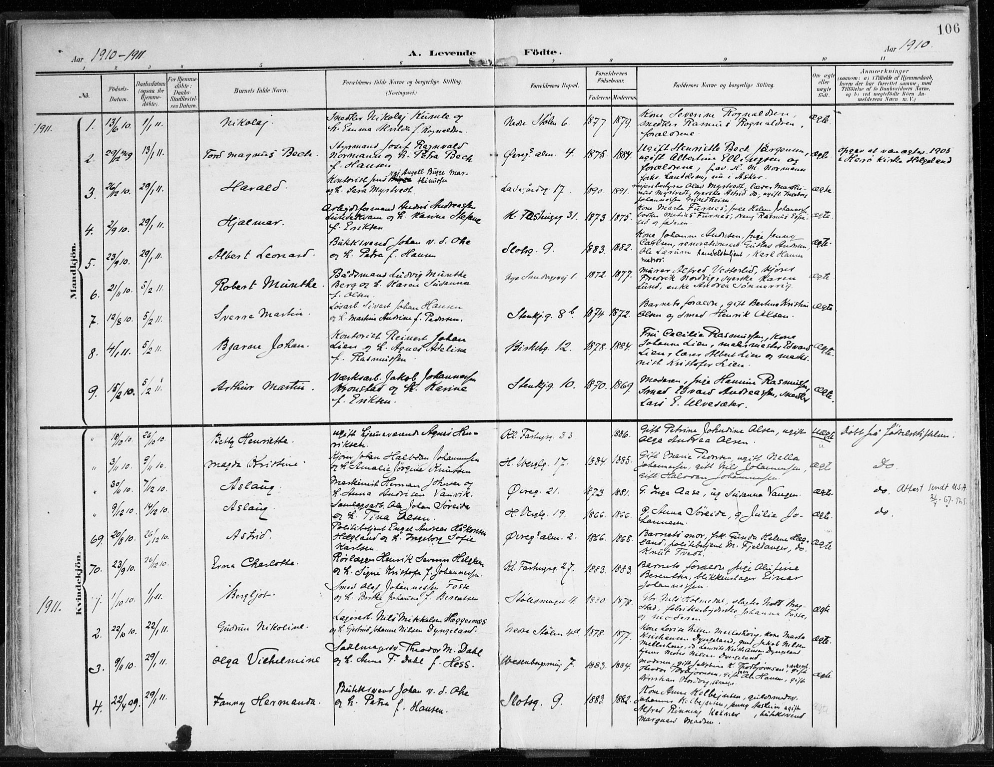 Mariakirken Sokneprestembete, SAB/A-76901/H/Haa/L0010: Parish register (official) no. B 1, 1901-1915, p. 106